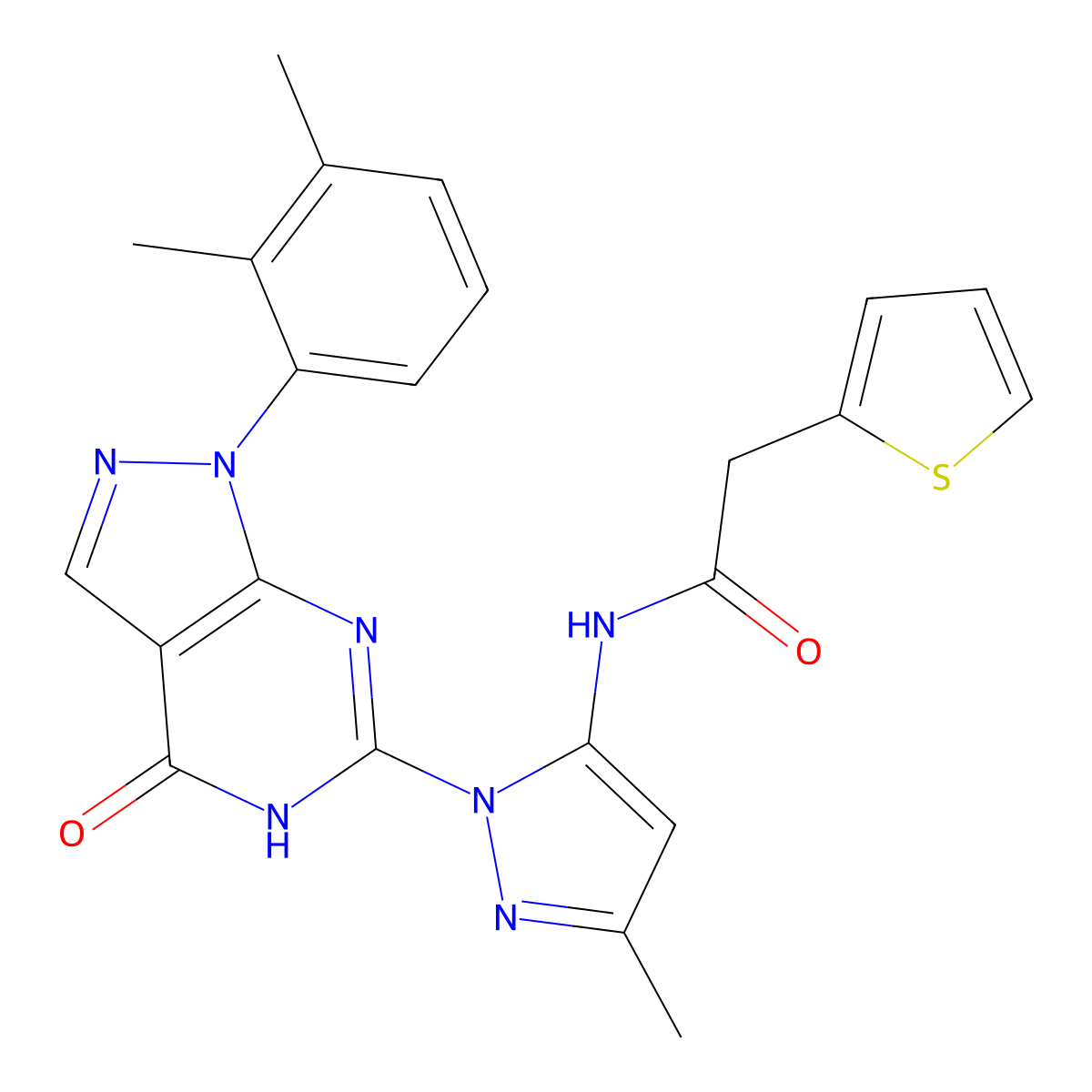 N-(1-(1-(2,3-dimethylphenyl)-4-oxo-4,5-dihydro-1H-pyrazolo[3,4-d]pyrimidin-6-yl)-3-methyl-1H-pyrazol-5-yl)-2-(thiophen-2-yl)acetamide molecular structure, CAS 1171887-33-4