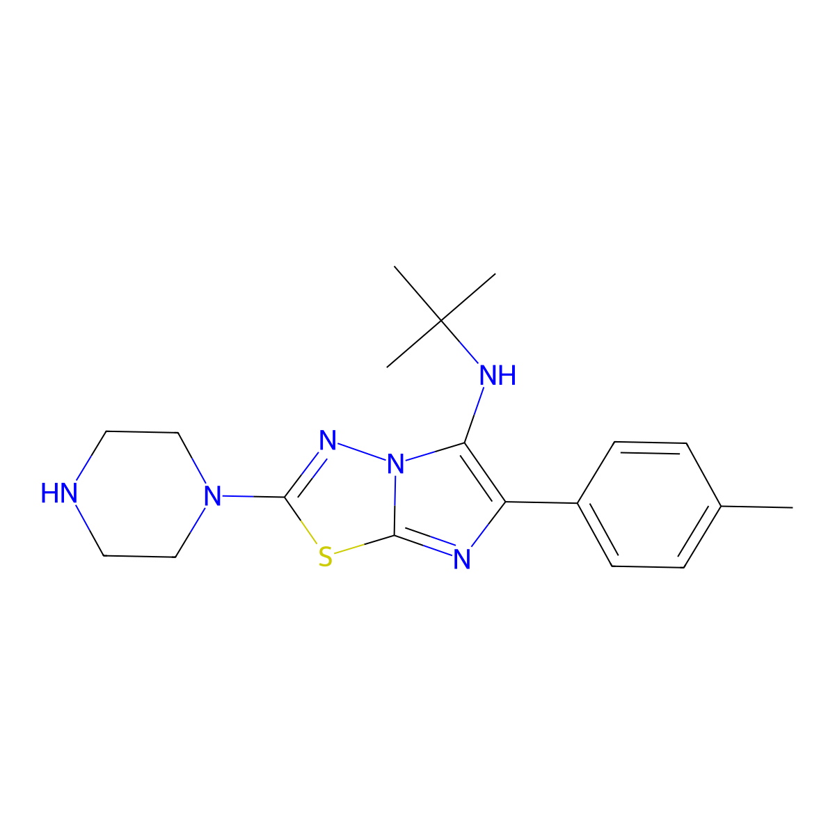 N-(tert-Butyl)-6-(4-methylphenyl)-2-piperazin-1-ylimidazo[2,1-b][1,3,4]thiadiazol-5-amine molecular structure, CAS 1171889-08-9
