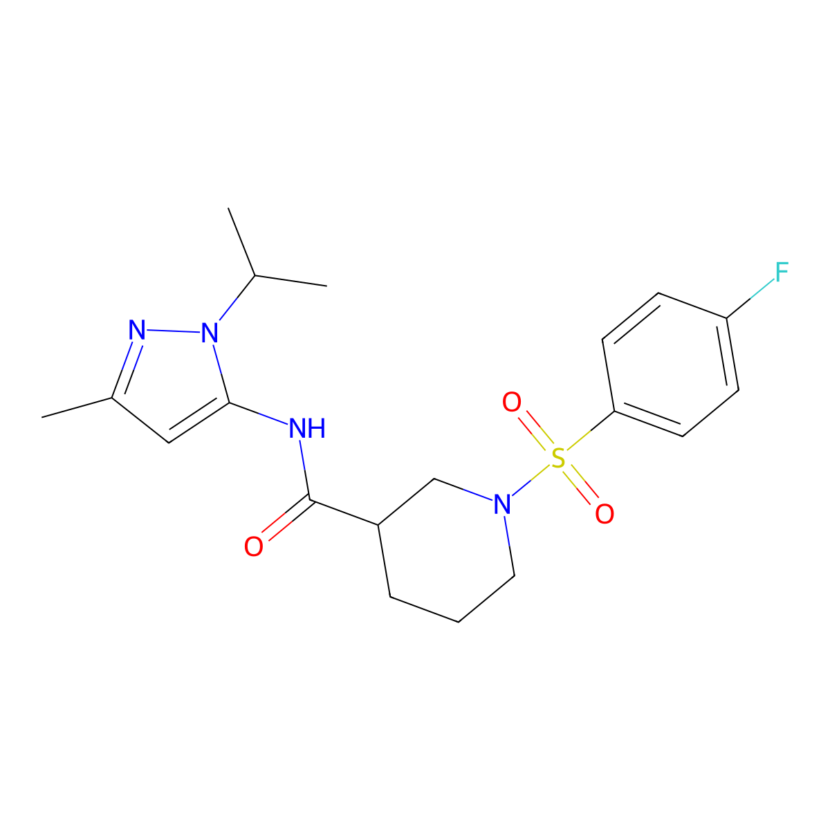 1-((4-fluorophenyl)sulfonyl)-N-(1-isopropyl-3-methyl-1H-pyrazol-5-yl)piperidine-3-carboxamide molecular structure, CAS 1171889-17-0