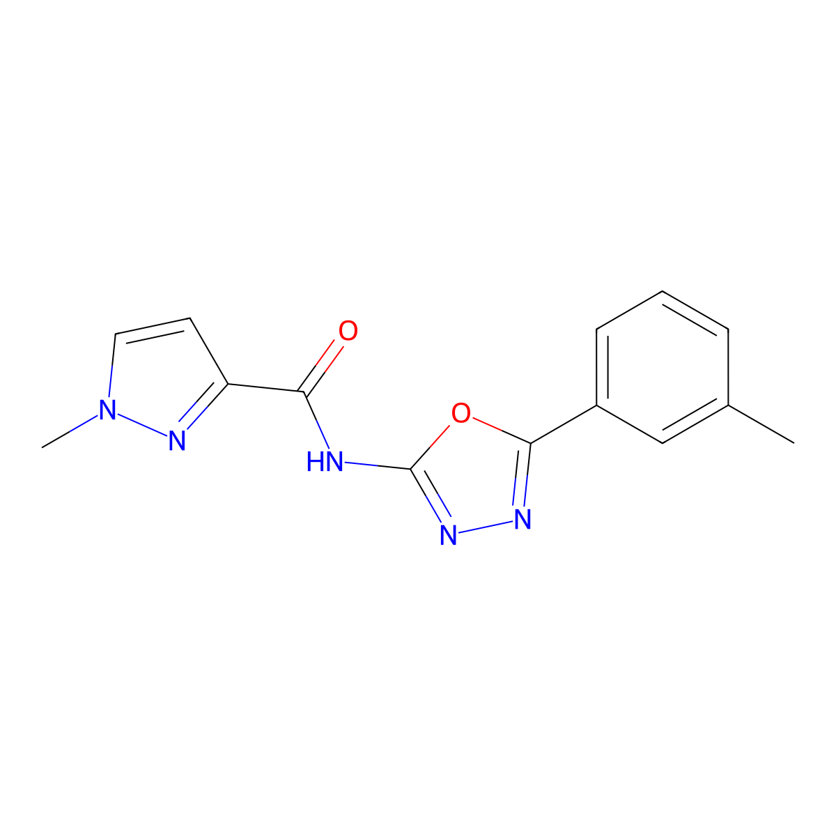 1-methyl-N-(5-(m-tolyl)-1,3,4-oxadiazol-2-yl)-1H-pyrazole-3-carboxamide molecular structure, CAS 1171890-26-8