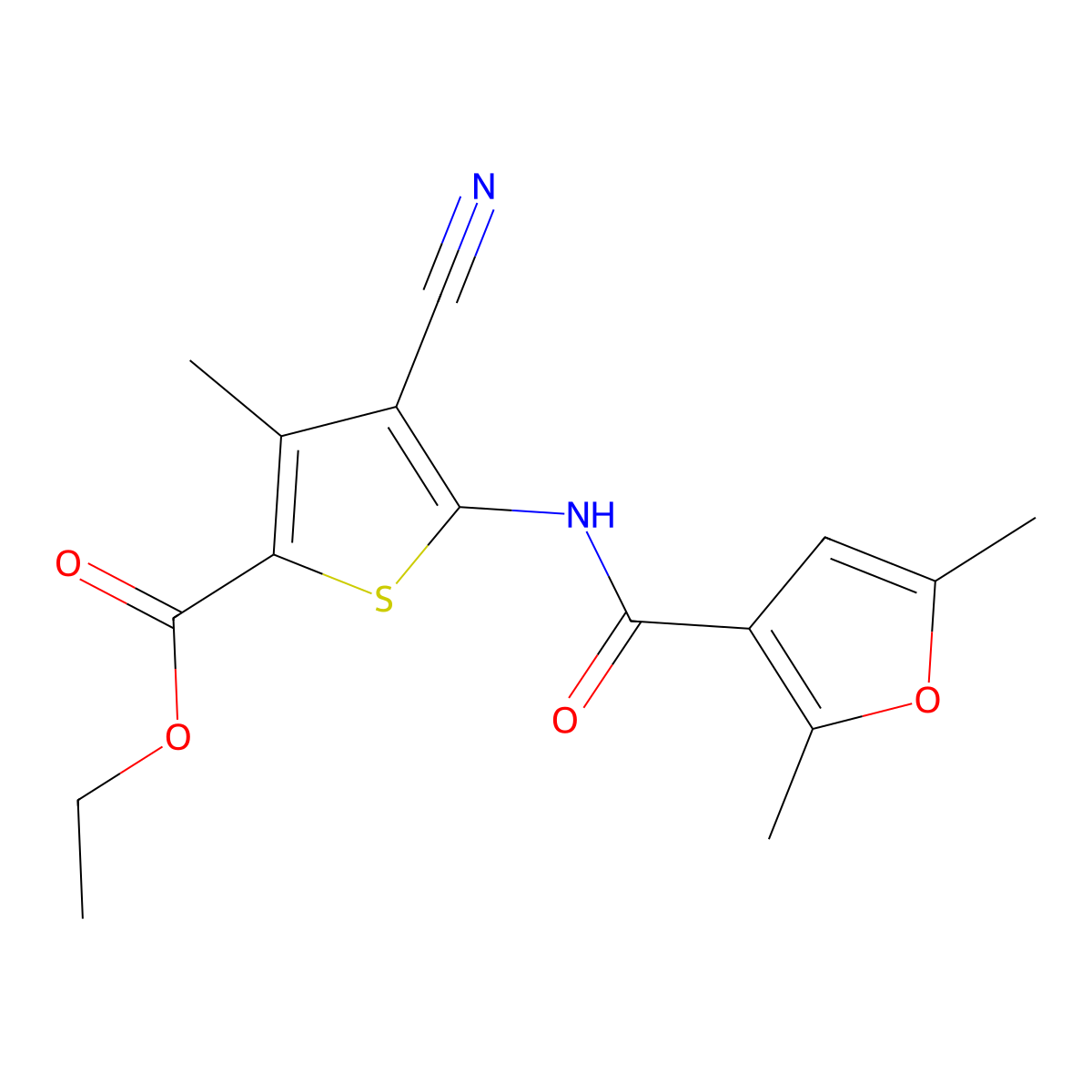 Ethyl 4-cyano-5-(2,5-dimethylfuran-3-carboxamido)-3-methylthiophene-2-carboxylate molecular structure, CAS 1171890-72-4
