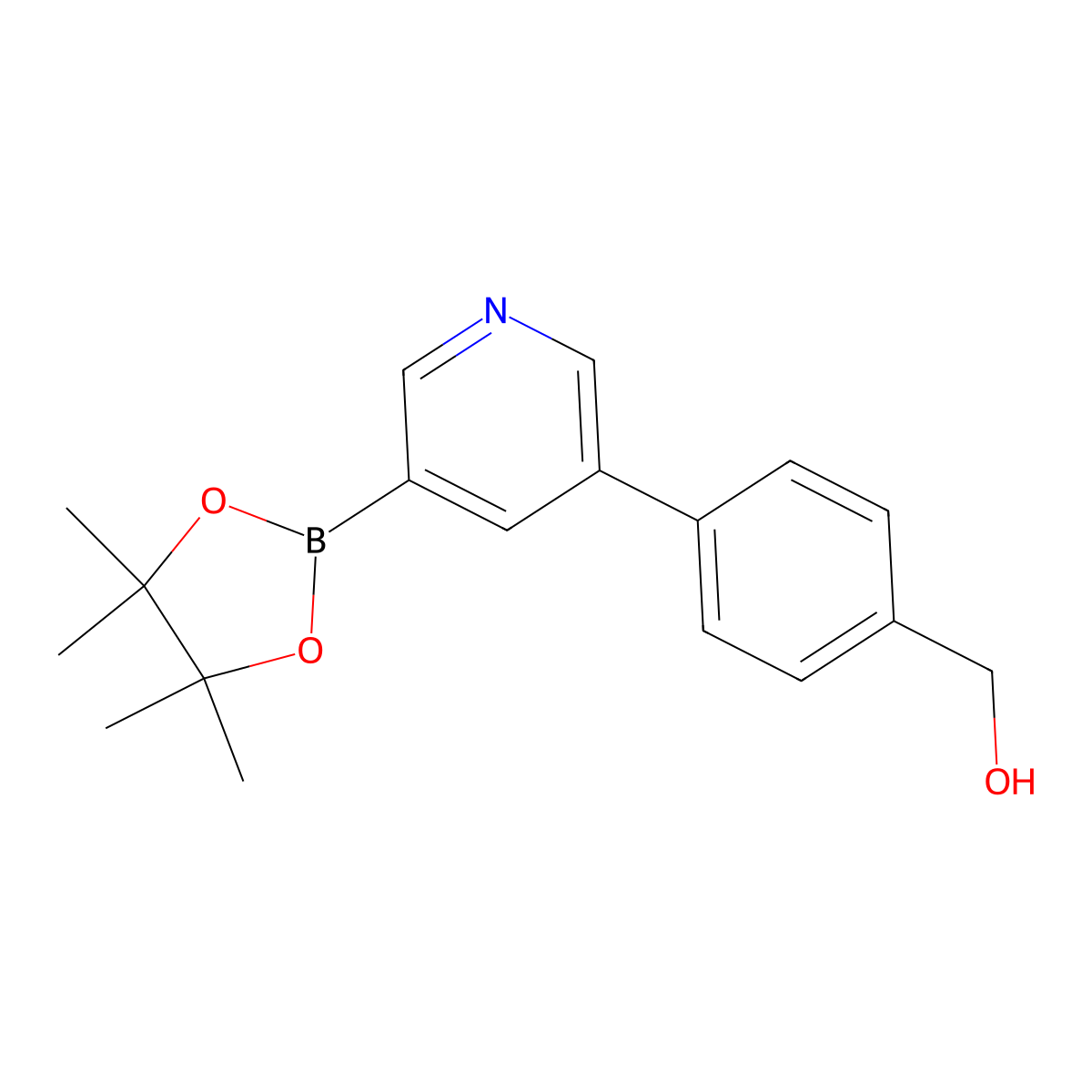 (4-(5-(4,4,5,5-Tetramethyl-1,3,2-dioxaborolan-2-yl)pyridin-3-yl)phenyl)methanol molecular structure, CAS 1171892-54-8