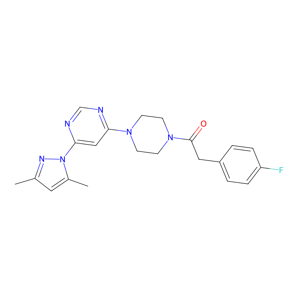 1-(4-(6-(3,5-dimethyl-1H-pyrazol-1-yl)pyrimidin-4-yl)piperazin-1-yl)-2-(4-fluorophenyl)ethanone molecular structure, CAS 1171892-55-9