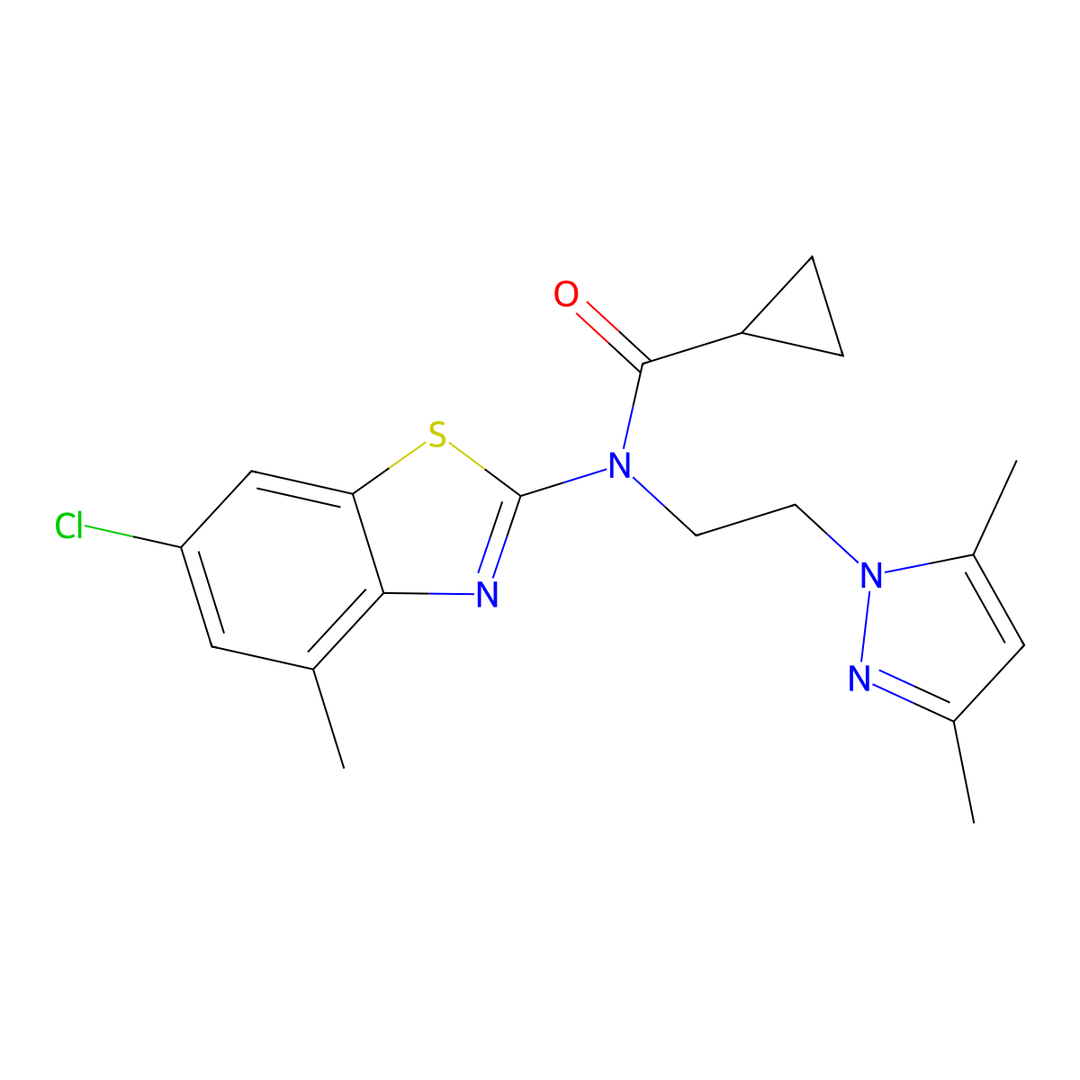 N-(6-chloro-4-methylbenzo[d]thiazol-2-yl)-N-(2-(3,5-dimethyl-1H-pyrazol-1-yl)ethyl)cyclopropanecarboxamide molecular structure, CAS 1171899-37-8