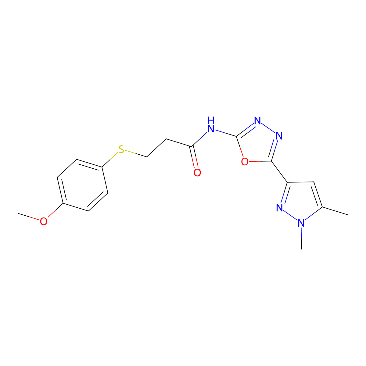 N-(5-(1,5-dimethyl-1H-pyrazol-3-yl)-1,3,4-oxadiazol-2-yl)-3-((4-methoxyphenyl)thio)propanamide molecular structure, CAS 1171899-55-0