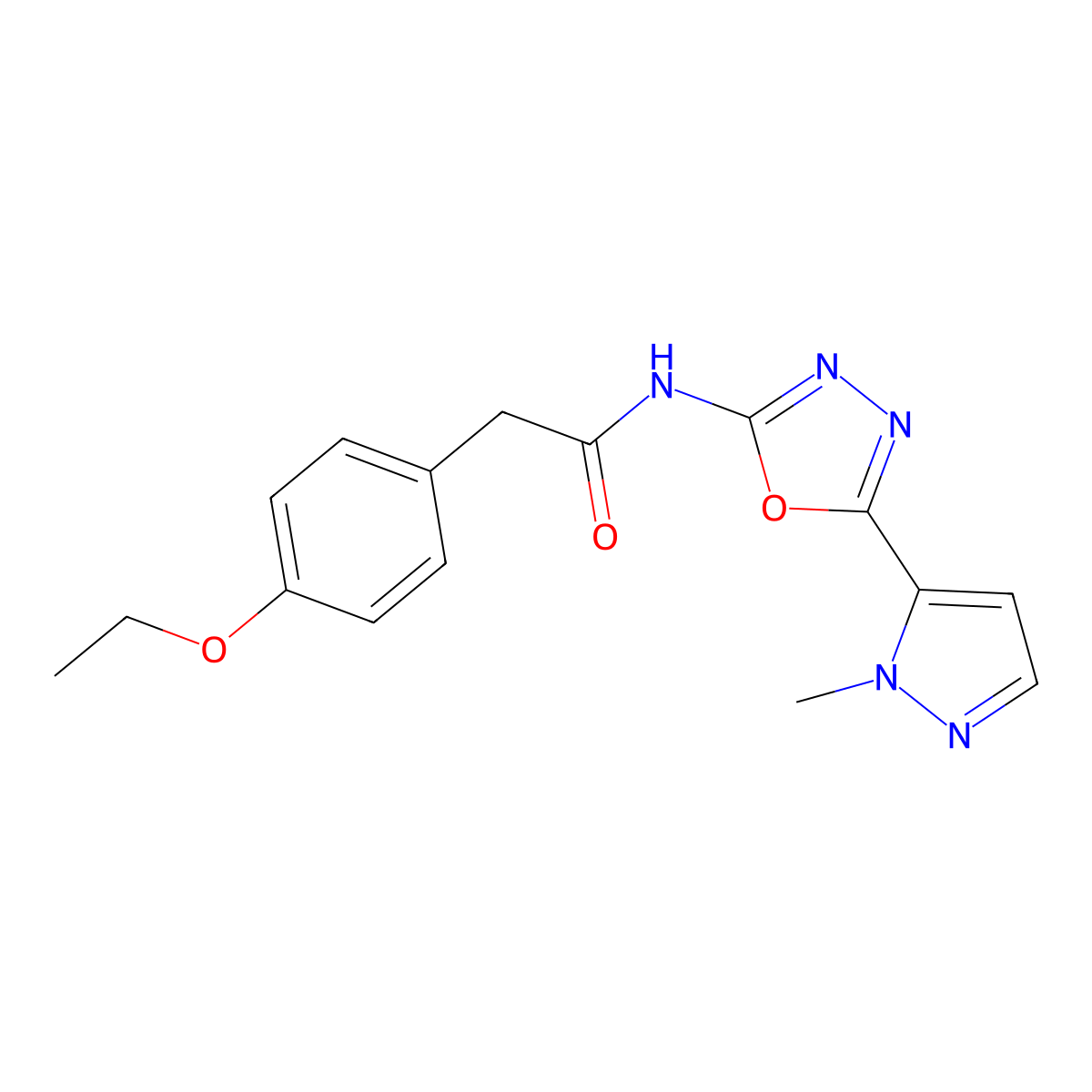 2-(4-ethoxyphenyl)-N-(5-(1-methyl-1H-pyrazol-5-yl)-1,3,4-oxadiazol-2-yl)acetamide molecular structure, CAS 1171899-63-0