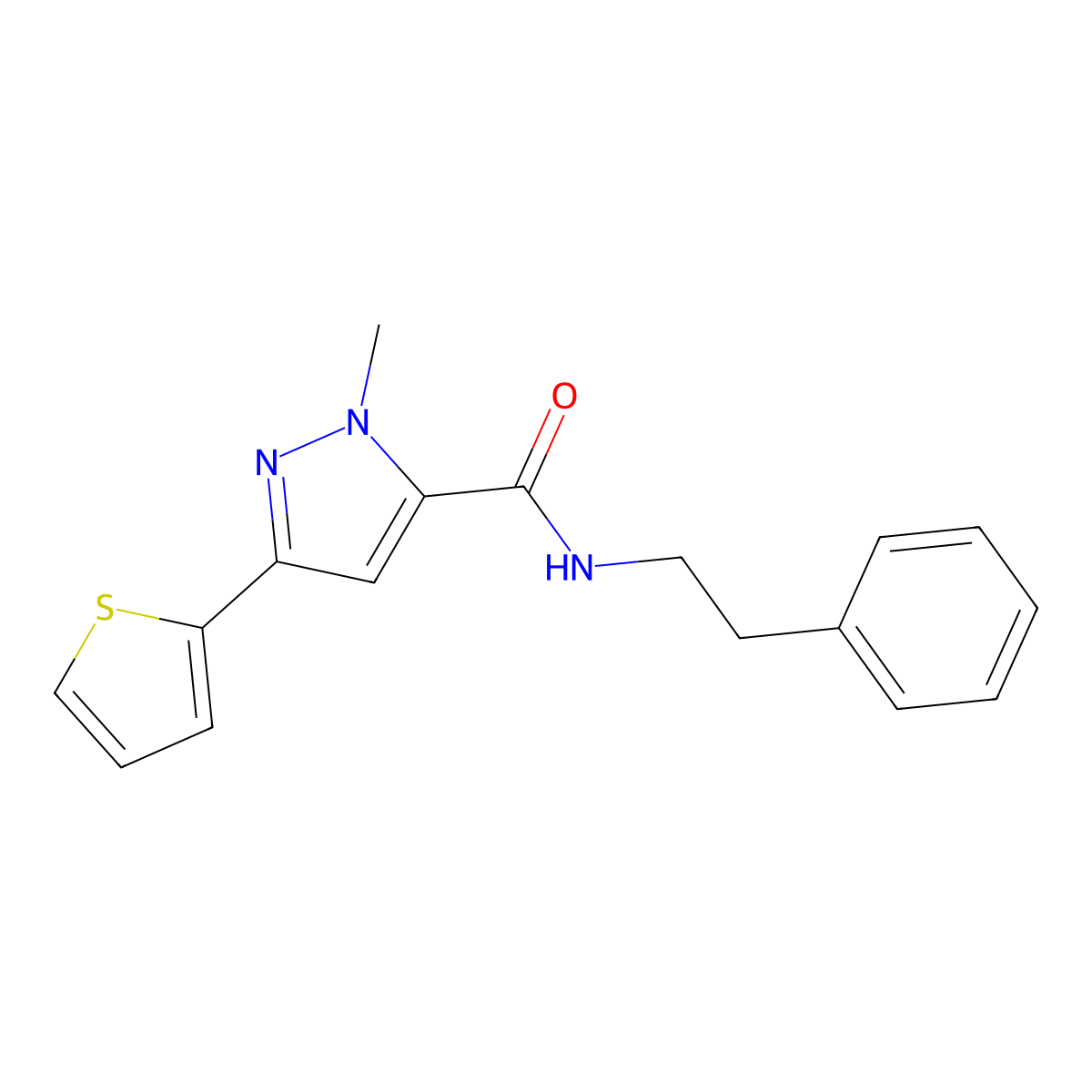 1-methyl-N-phenethyl-3-(2-thienyl)-1H-pyrazole-5-carboxamide molecular structure, CAS 1171899-74-3