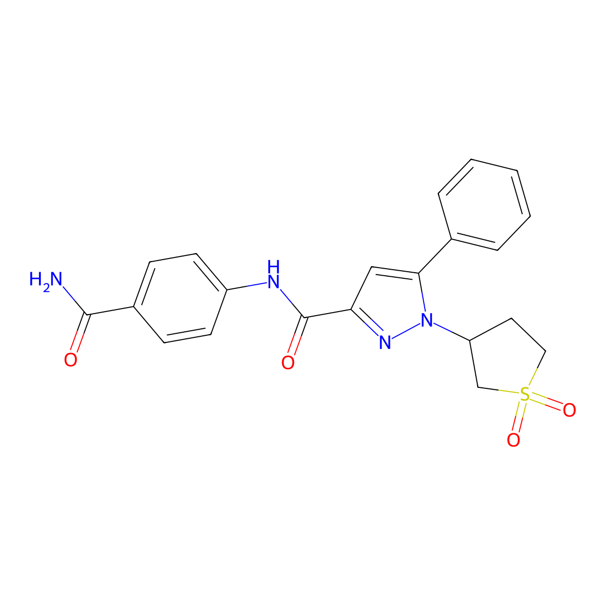 N-(4-carbamoylphenyl)-1-(1,1-dioxidotetrahydrothiophen-3-yl)-5-phenyl-1H-pyrazole-3-carboxamide molecular structure, CAS 1171901-84-0