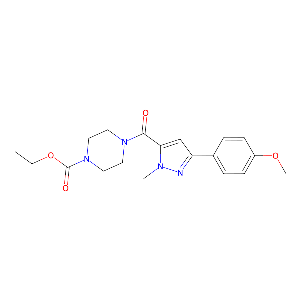 ethyl 4-{[3-(4-methoxyphenyl)-1-methyl-1H-pyrazol-5-yl]carbonyl}piperazine-1-carboxylate molecular structure, CAS 1171903-66-4