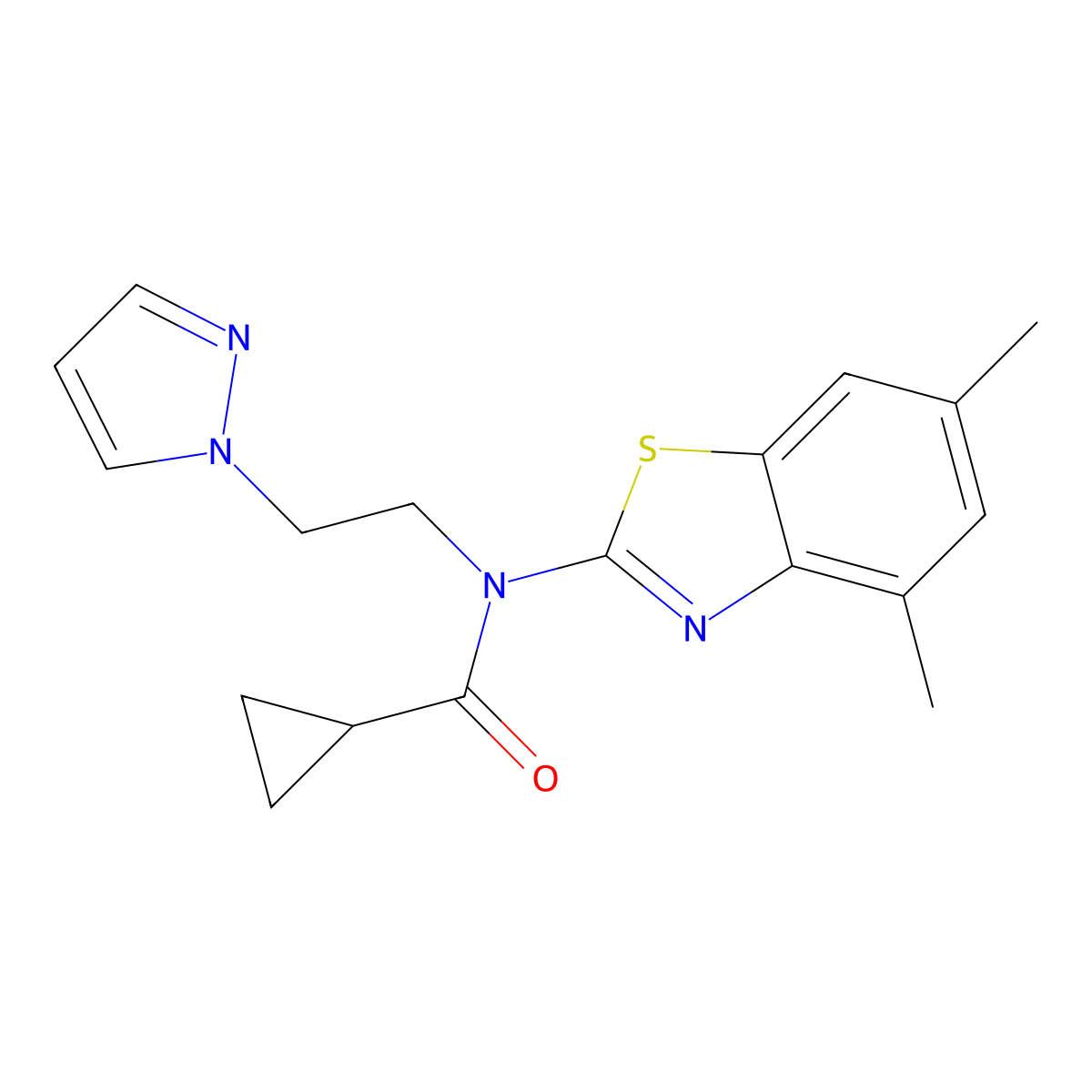 N-(2-(1H-pyrazol-1-yl)ethyl)-N-(4,6-dimethylbenzo[d]thiazol-2-yl)cyclopropanecarboxamide molecular structure, CAS 1171906-51-6