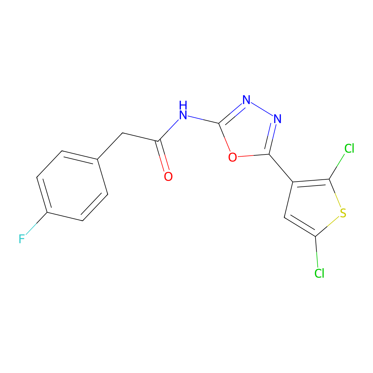 N-[5-(2,5-dichlorothiophen-3-yl)-1,3,4-oxadiazol-2-yl]-2-(4-fluorophenyl)acetamide molecular structure, CAS 1171906-91-4
