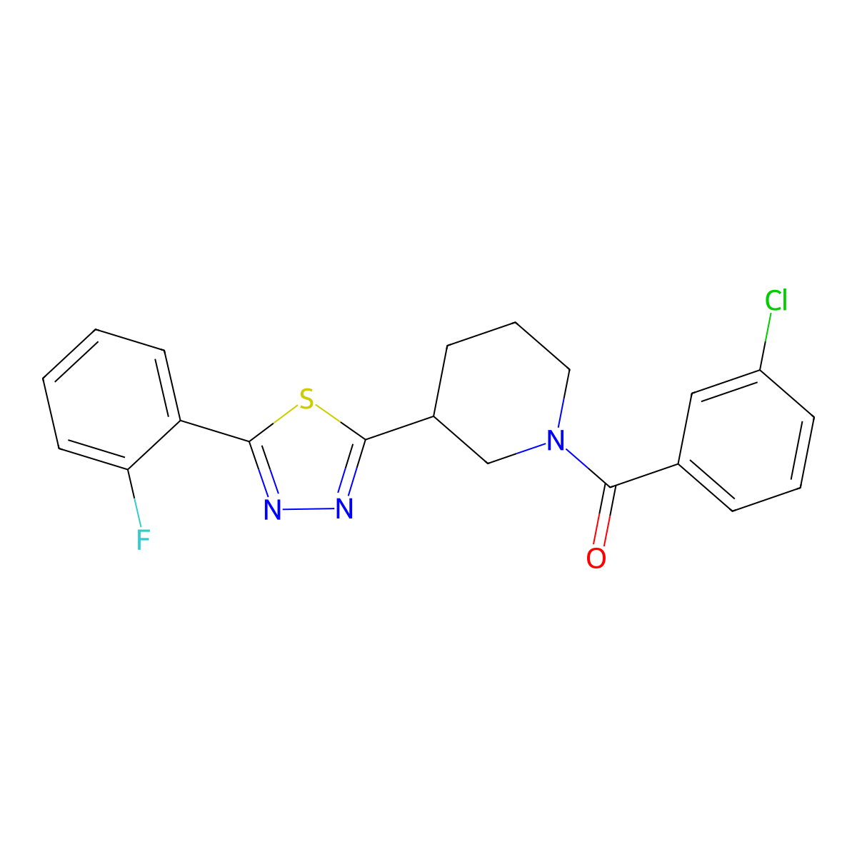 (3-Chlorophenyl)(3-(5-(2-fluorophenyl)-1,3,4-thiadiazol-2-yl)piperidin-1-yl)methanone molecular structure, CAS 1171912-97-2