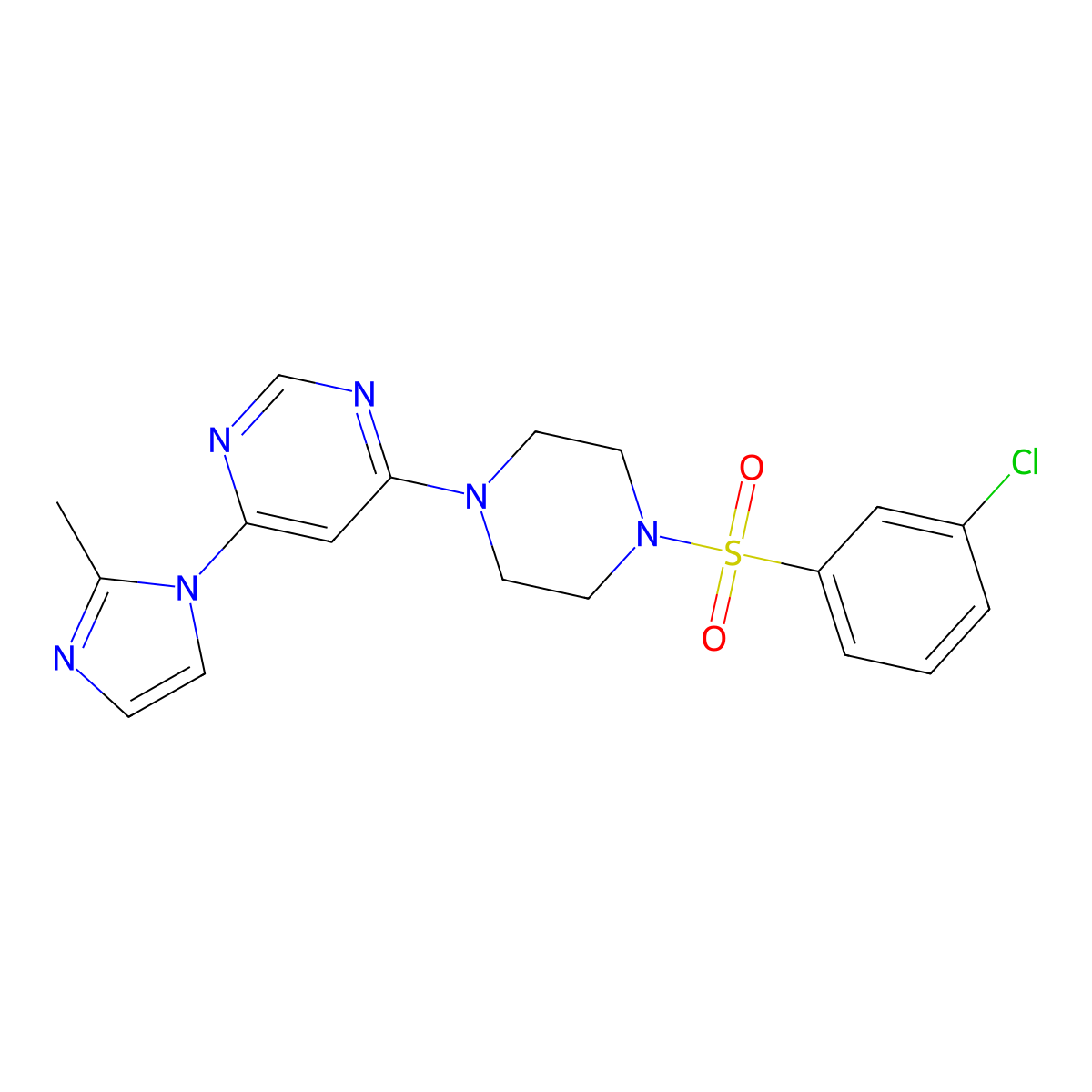 4-(4-((3-chlorophenyl)sulfonyl)piperazin-1-yl)-6-(2-methyl-1H-imidazol-1-yl)pyrimidine molecular structure, CAS 1171913-46-4