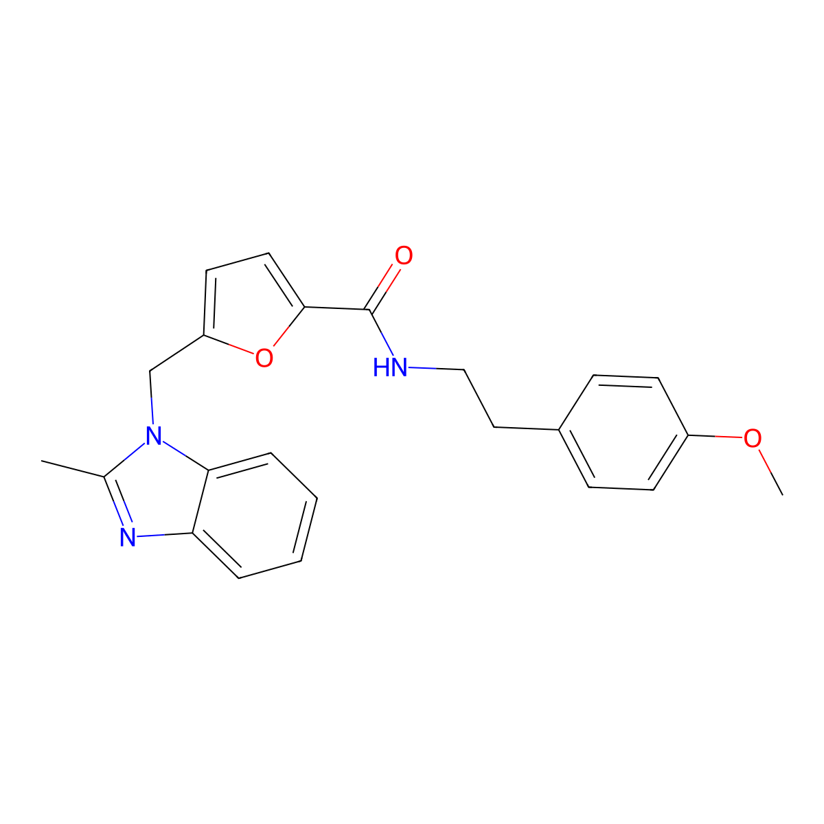 N-(4-methoxyphenethyl)-5-((2-methyl-1H-benzo[d]imidazol-1-yl)methyl)furan-2-carboxamide molecular structure, CAS 1171916-12-3