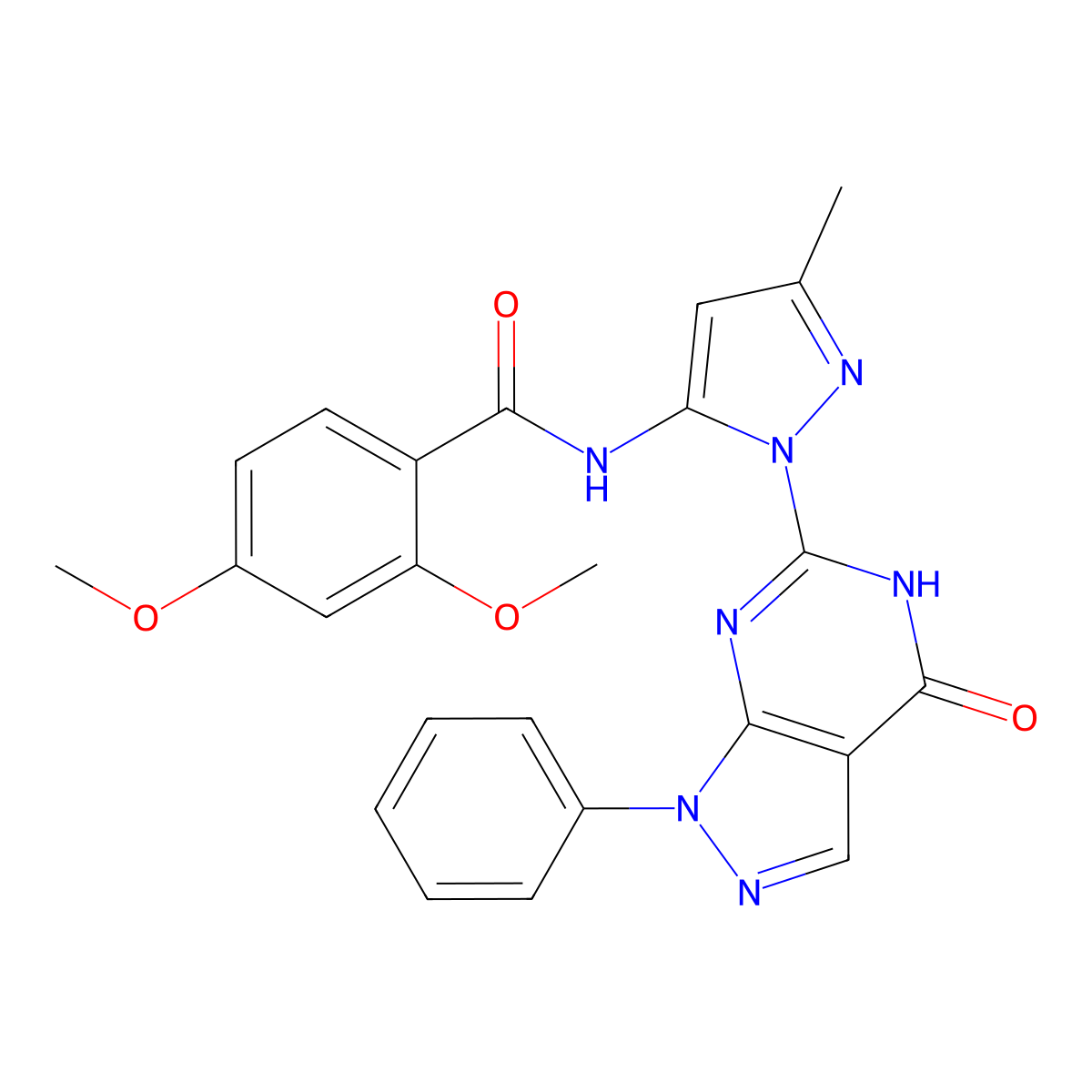 2,4-dimethoxy-N-(3-methyl-1-(4-oxo-1-phenyl-4,5-dihydro-1H-pyrazolo[3,4-d]pyrimidin-6-yl)-1H-pyrazol-5-yl)benzamide molecular structure, CAS 1171916-23-6