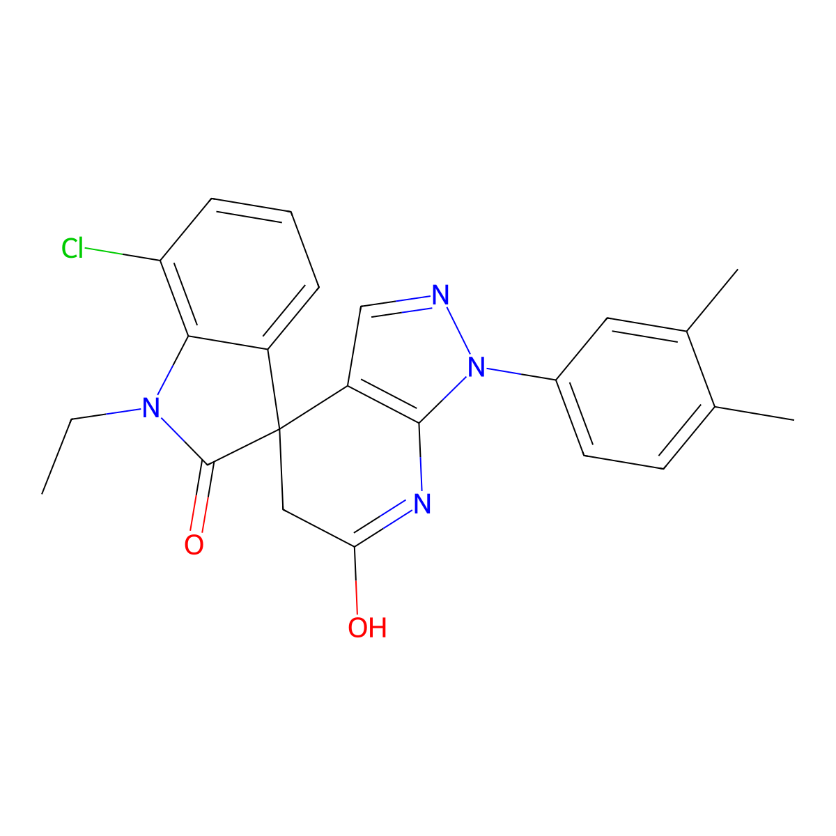7-chloro-1'-(3,4-dimethylphenyl)-1-ethyl-5',7'-dihydrospiro[indoline-3,4'-pyrazolo[3,4-b]pyridine]-2,6'(1'H)-dione molecular structure, CAS 1171917-66-0