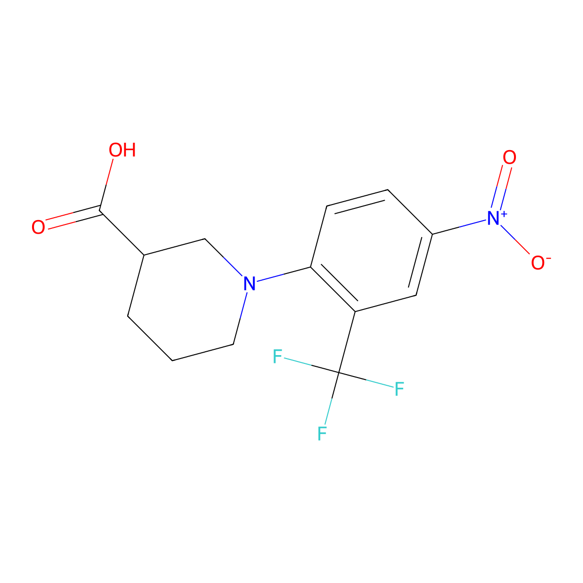1-[4-Nitro-2-(trifluoromethyl)phenyl]-3-piperidinecarboxylic acid molecular structure, CAS 1171918-77-6
