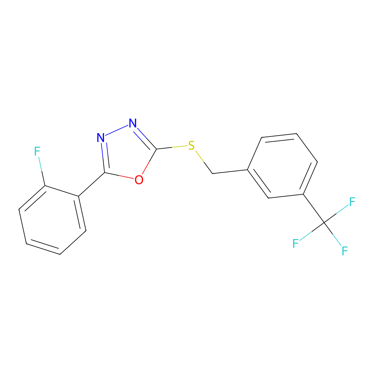 2-(2-Fluorophenyl)-5-((3-(trifluoromethyl)benzyl)thio)-1,3,4-oxadiazole molecular structure, CAS 1171920-90-3