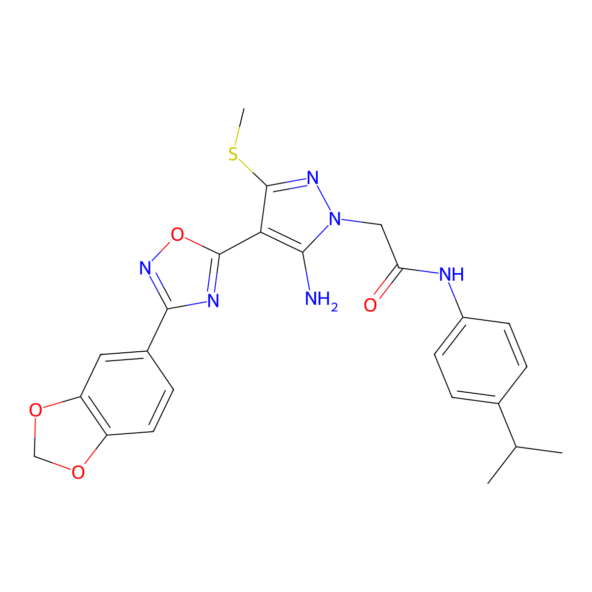 2-[5-amino-4-[3-(1,3-benzodioxol-5-yl)-1,2,4-oxadiazol-5-yl]-3-(methylthio)-1H-pyrazol-1-yl]-N-(4-isopropylphenyl)acetamide molecular structure, CAS 1171921-78-0