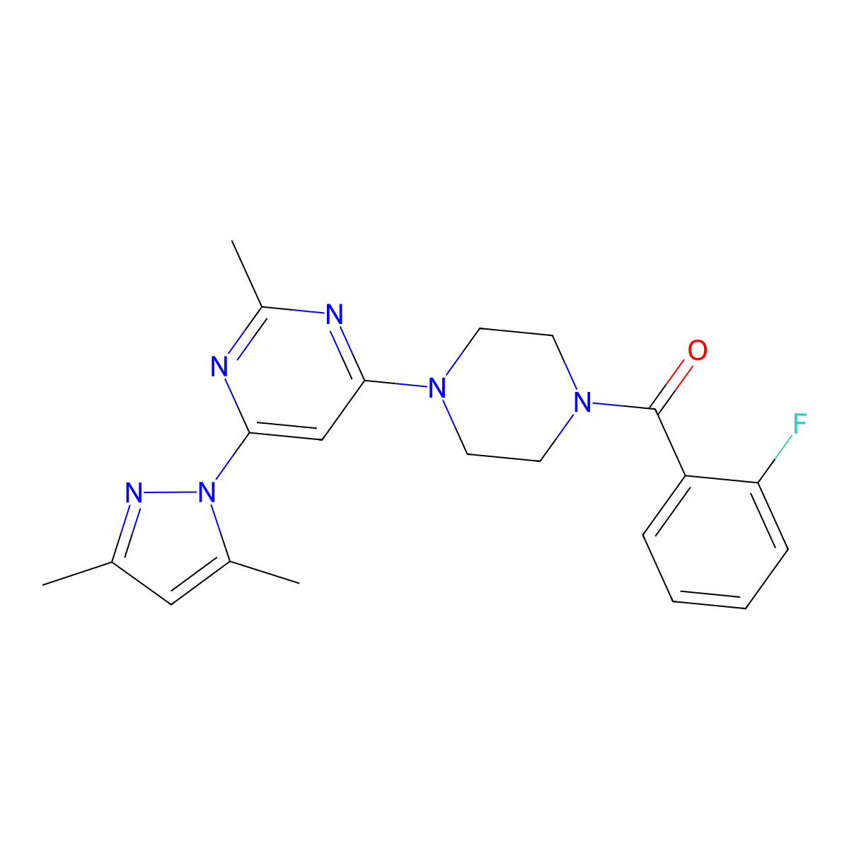 (4-(6-(3,5-dimethyl-1H-pyrazol-1-yl)-2-methylpyrimidin-4-yl)piperazin-1-yl)(2-fluorophenyl)methanone molecular structure, CAS 1171926-85-4