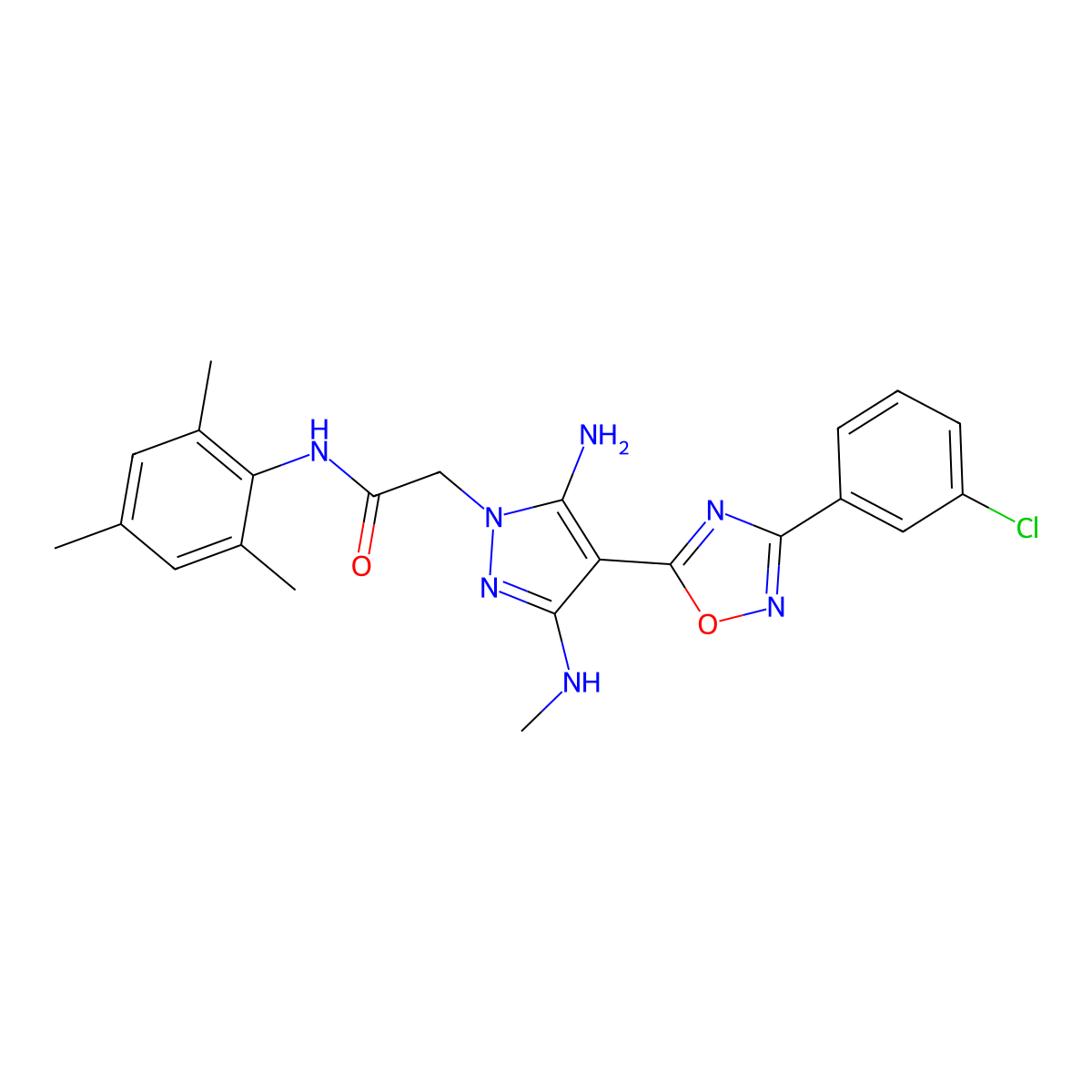 2-{5-amino-4-[3-(3-chlorophenyl)-1,2,4-oxadiazol-5-yl]-3-(methylamino)-1H-pyrazol-1-yl}-N-(2,4,6-trimethylphenyl)acetamide molecular structure, CAS 1171929-70-6