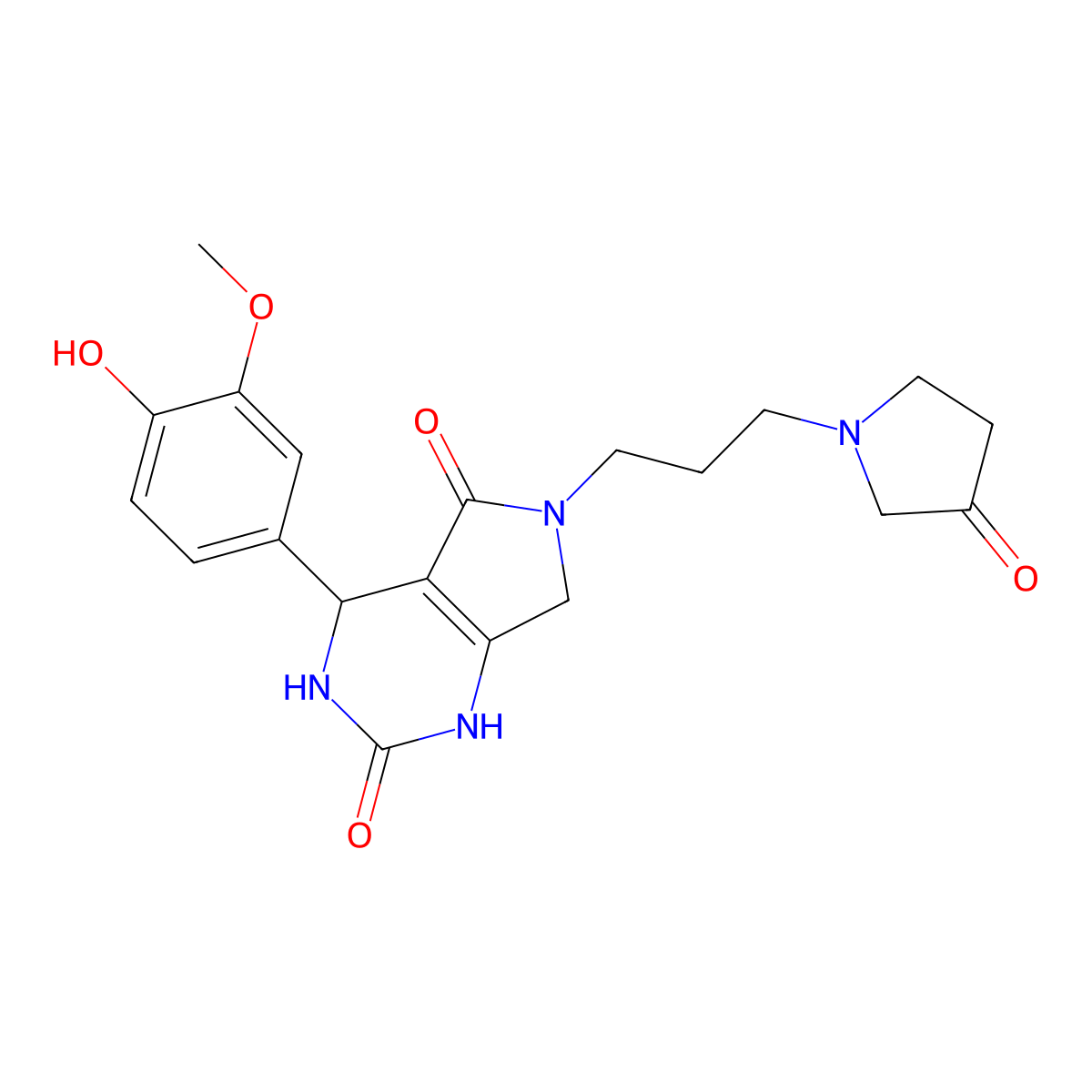 4-(4-hydroxy-3-methoxyphenyl)-6-(3-(3-oxopyrrolidin-1-yl)propyl)-3,4,6,7-tetrahydro-1H-pyrrolo[3,4-d]pyrimidine-2,5-dione molecular structure, CAS 1171934-47-6
