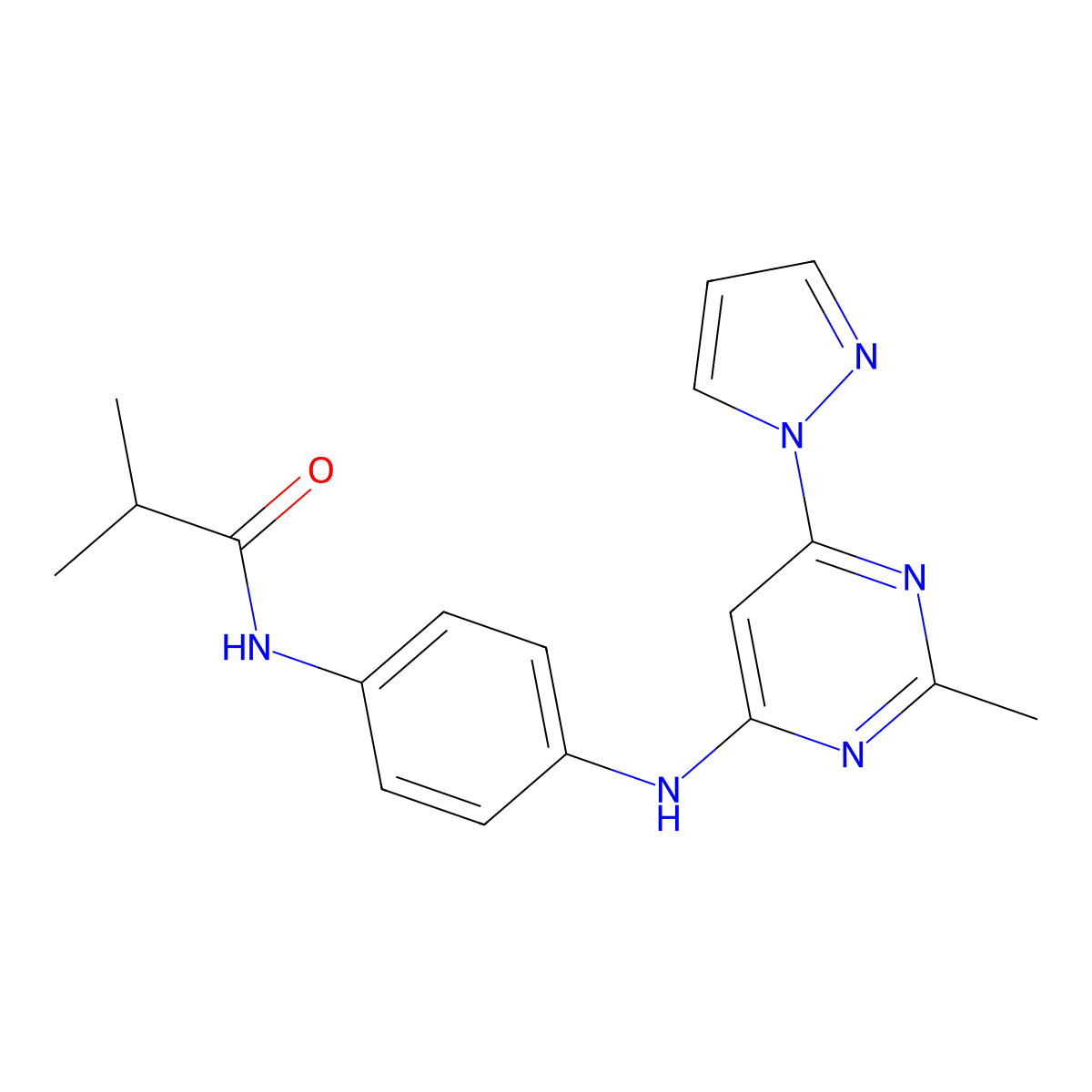 N-(4-((2-methyl-6-(1H-pyrazol-1-yl)pyrimidin-4-yl)amino)phenyl)isobutyramide molecular structure, CAS 1171936-21-2