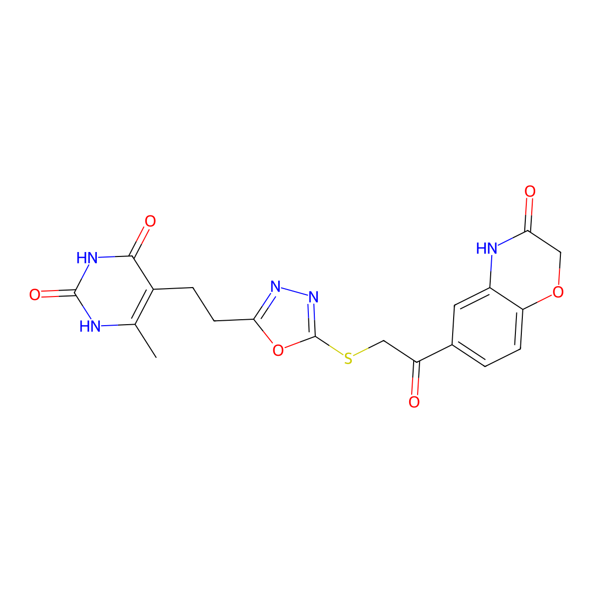 6-methyl-5-(2-(5-((2-oxo-2-(3-oxo-3,4-dihydro-2H-benzo[b][1,4]oxazin-6-yl)ethyl)thio)-1,3,4-oxadiazol-2-yl)ethyl)pyrimidine-2,4(1H,3H)-dione molecular structure, CAS 1171936-67-6