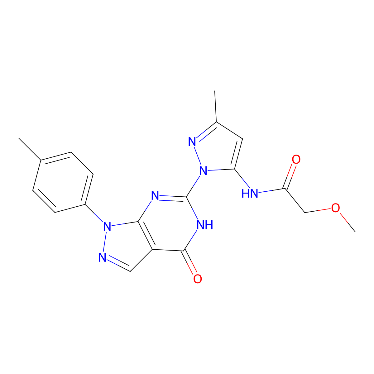 2-methoxy-N-(3-methyl-1-(4-oxo-1-(p-tolyl)-4,5-dihydro-1H-pyrazolo[3,4-d]pyrimidin-6-yl)-1H-pyrazol-5-yl)acetamide molecular structure, CAS 1171939-97-1