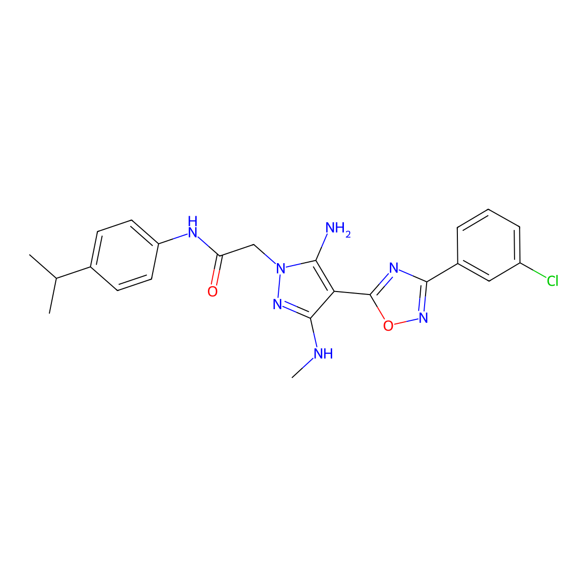 2-{5-amino-4-[3-(3-chlorophenyl)-1,2,4-oxadiazol-5-yl]-3-(methylamino)-1H-pyrazol-1-yl}-N-[4-(propan-2-yl)phenyl]acetamide molecular structure, CAS 1171940-74-1