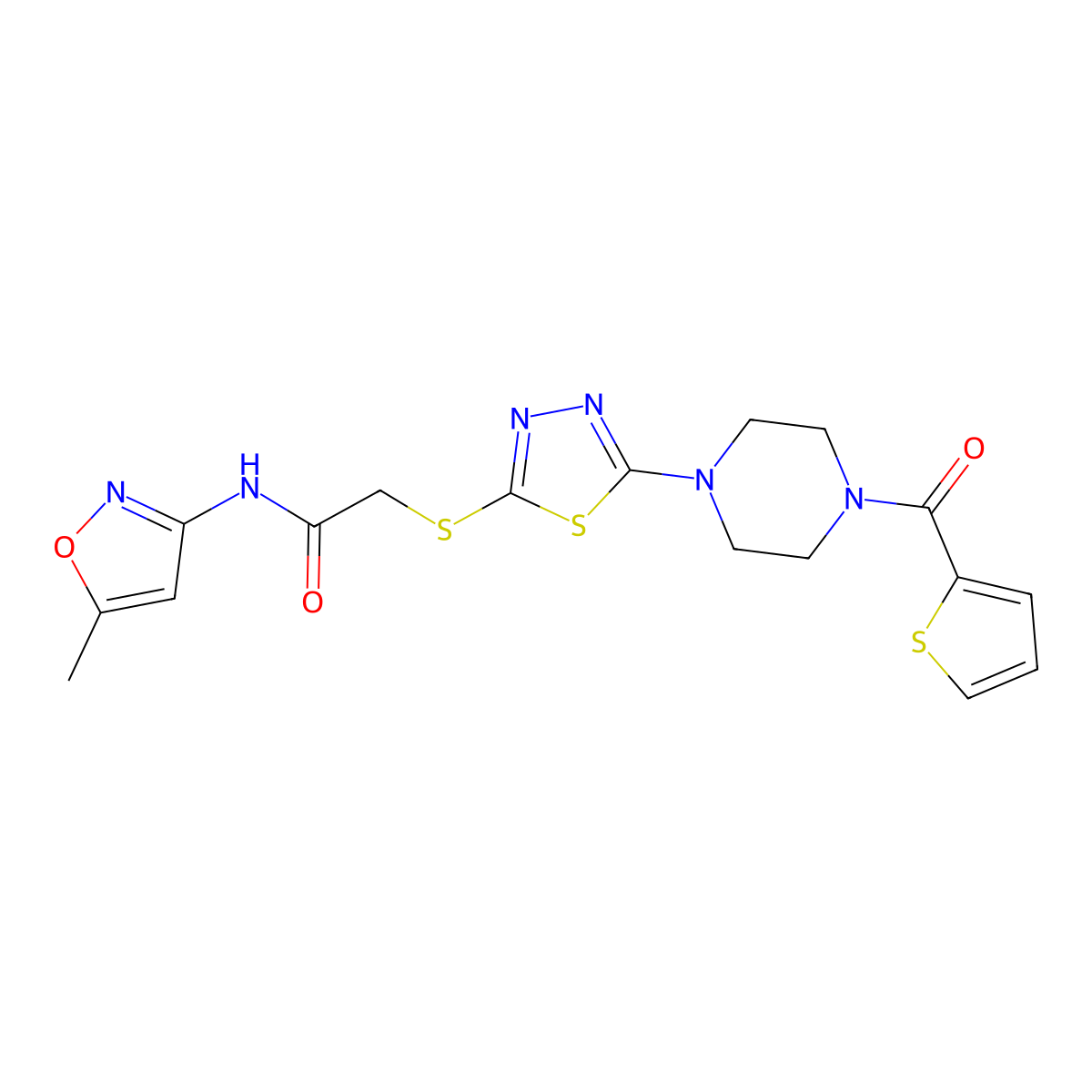 N-(5-methylisoxazol-3-yl)-2-((5-(4-(thiophene-2-carbonyl)piperazin-1-yl)-1,3,4-thiadiazol-2-yl)thio)acetamide molecular structure, CAS 1171943-02-4