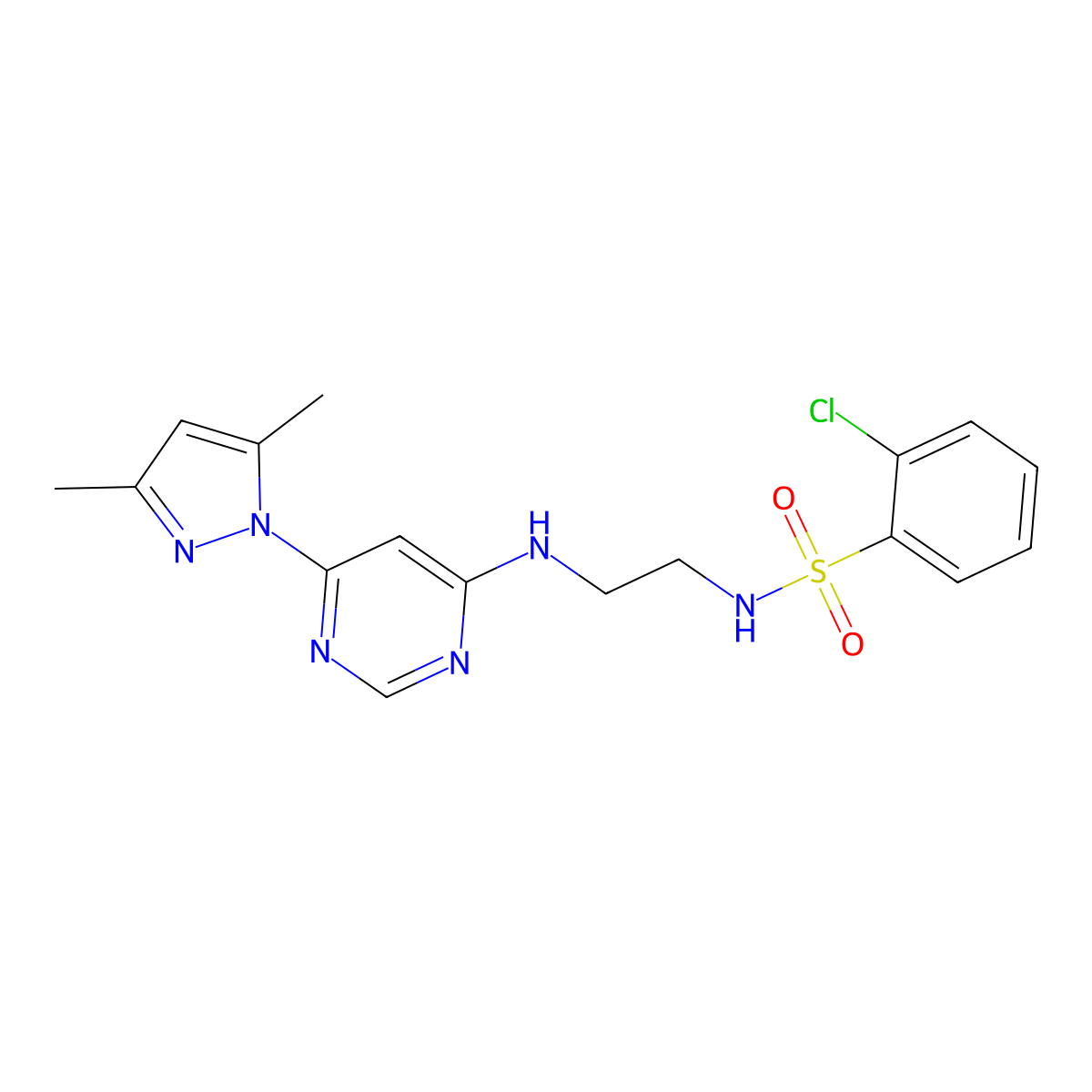2-chloro-N-(2-((6-(3,5-dimethyl-1H-pyrazol-1-yl)pyrimidin-4-yl)amino)ethyl)benzenesulfonamide molecular structure, CAS 1171943-07-9