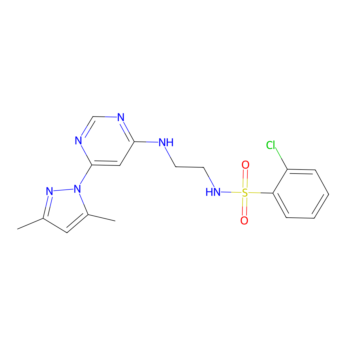 2-chloro-N-(2-((6-(3,5-dimethyl-1H-pyrazol-1-yl)pyrimidin-4-yl)amino)ethyl)benzenesulfonamide molecular structure, CAS 1171943-07-9