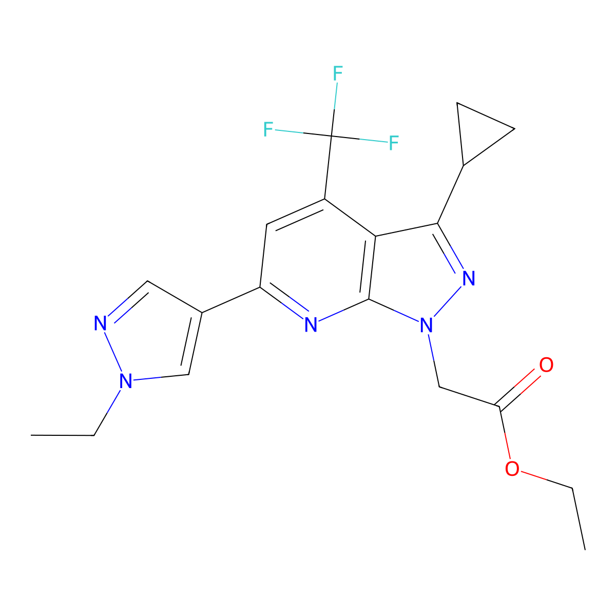 Ethyl 2-(3-cyclopropyl-6-(1-ethyl-1H-pyrazol-4-yl)-4-(trifluoromethyl)-1H-pyrazolo[3,4-b]pyridin-1-yl)acetate molecular structure, CAS 1171944-79-8