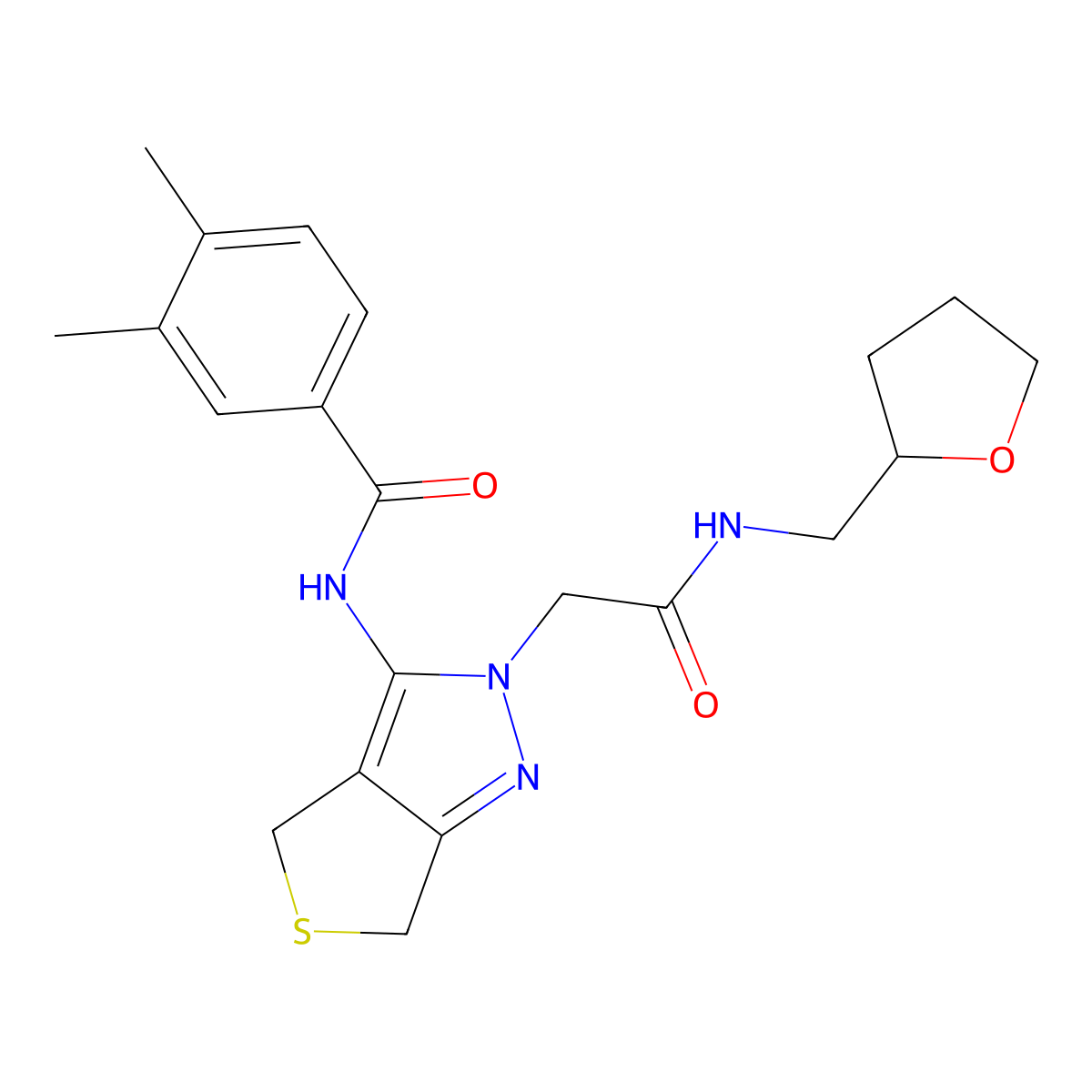 3,4-dimethyl-N-(2-(2-oxo-2-(((tetrahydrofuran-2-yl)methyl)amino)ethyl)-4,6-dihydro-2H-thieno[3,4-c]pyrazol-3-yl)benzamide molecular structure, CAS 1171948-45-0