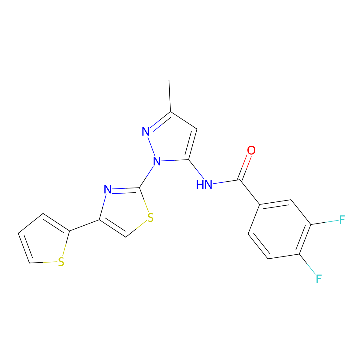 3,4-difluoro-N-(3-methyl-1-(4-(thiophen-2-yl)thiazol-2-yl)-1H-pyrazol-5-yl)benzamide molecular structure, CAS 1171948-75-6