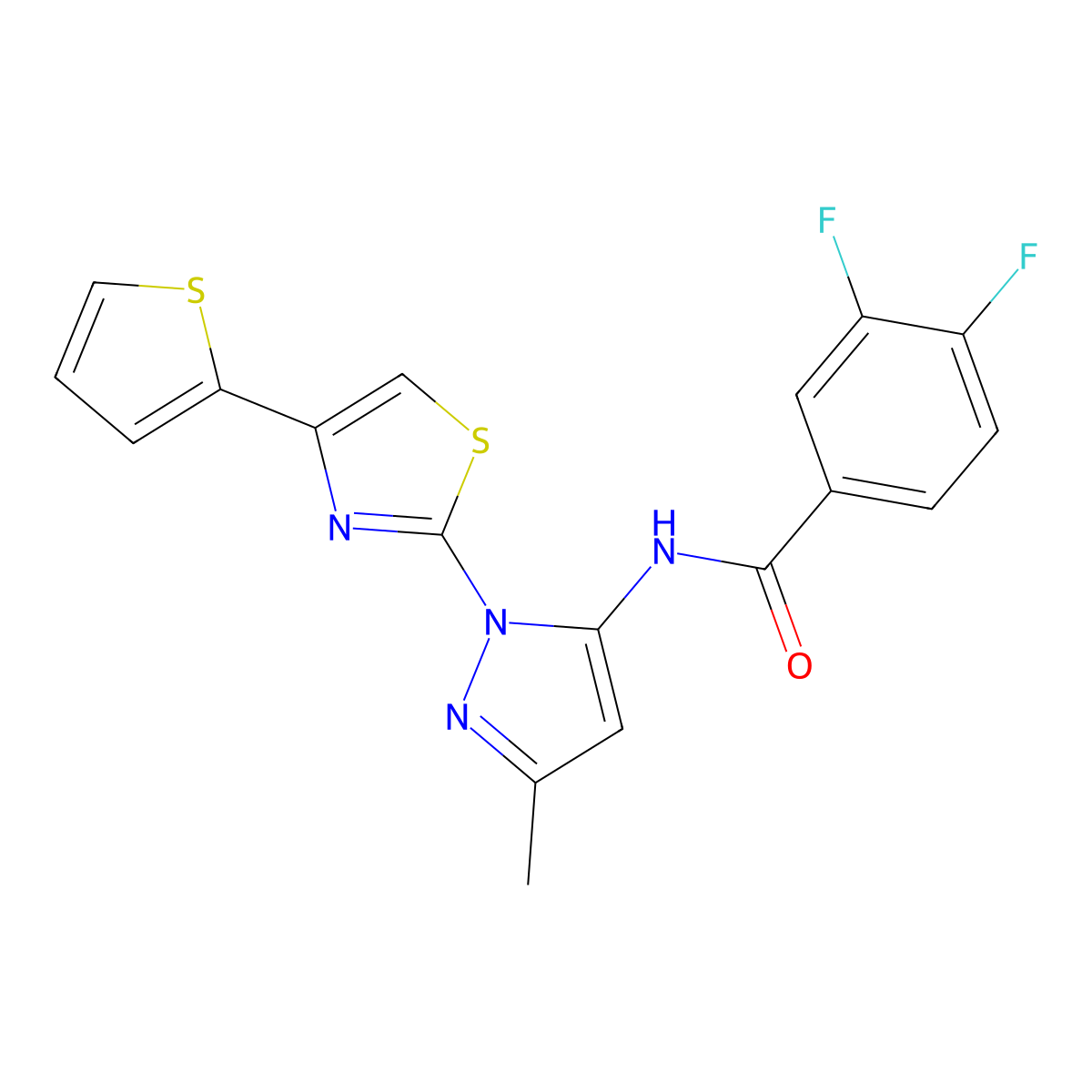 3,4-difluoro-N-(3-methyl-1-(4-(thiophen-2-yl)thiazol-2-yl)-1H-pyrazol-5-yl)benzamide molecular structure, CAS 1171948-75-6