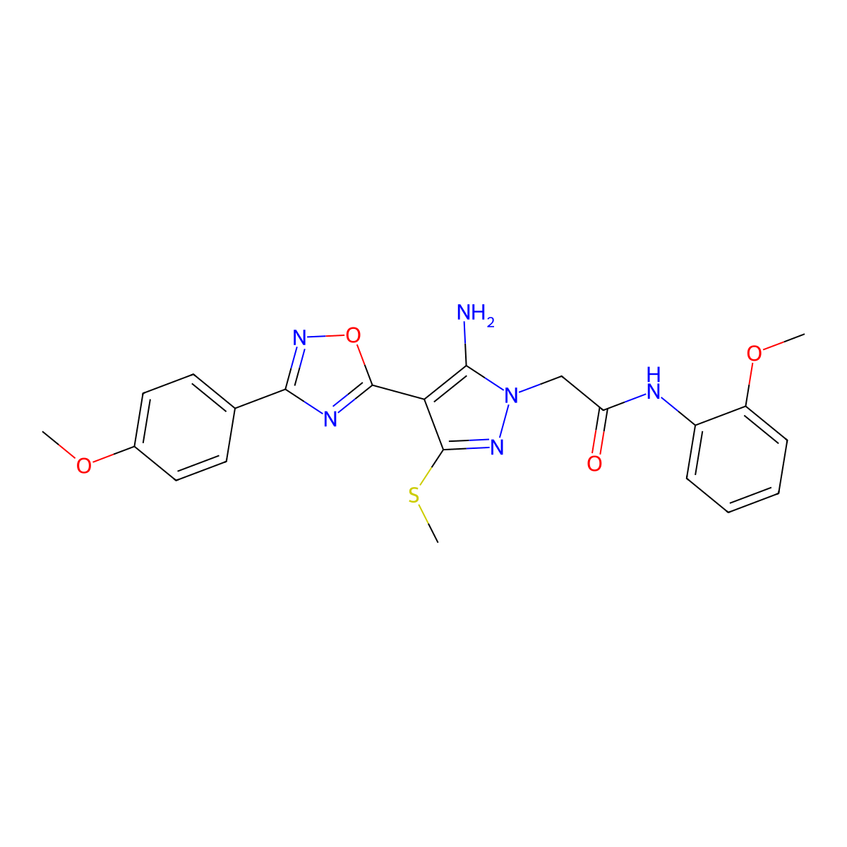 2-{5-amino-4-[3-(4-methoxyphenyl)-1,2,4-oxadiazol-5-yl]-3-(methylsulfanyl)-1H-pyrazol-1-yl}-N-(2-methoxyphenyl)acetamide molecular structure, CAS 1171949-12-4