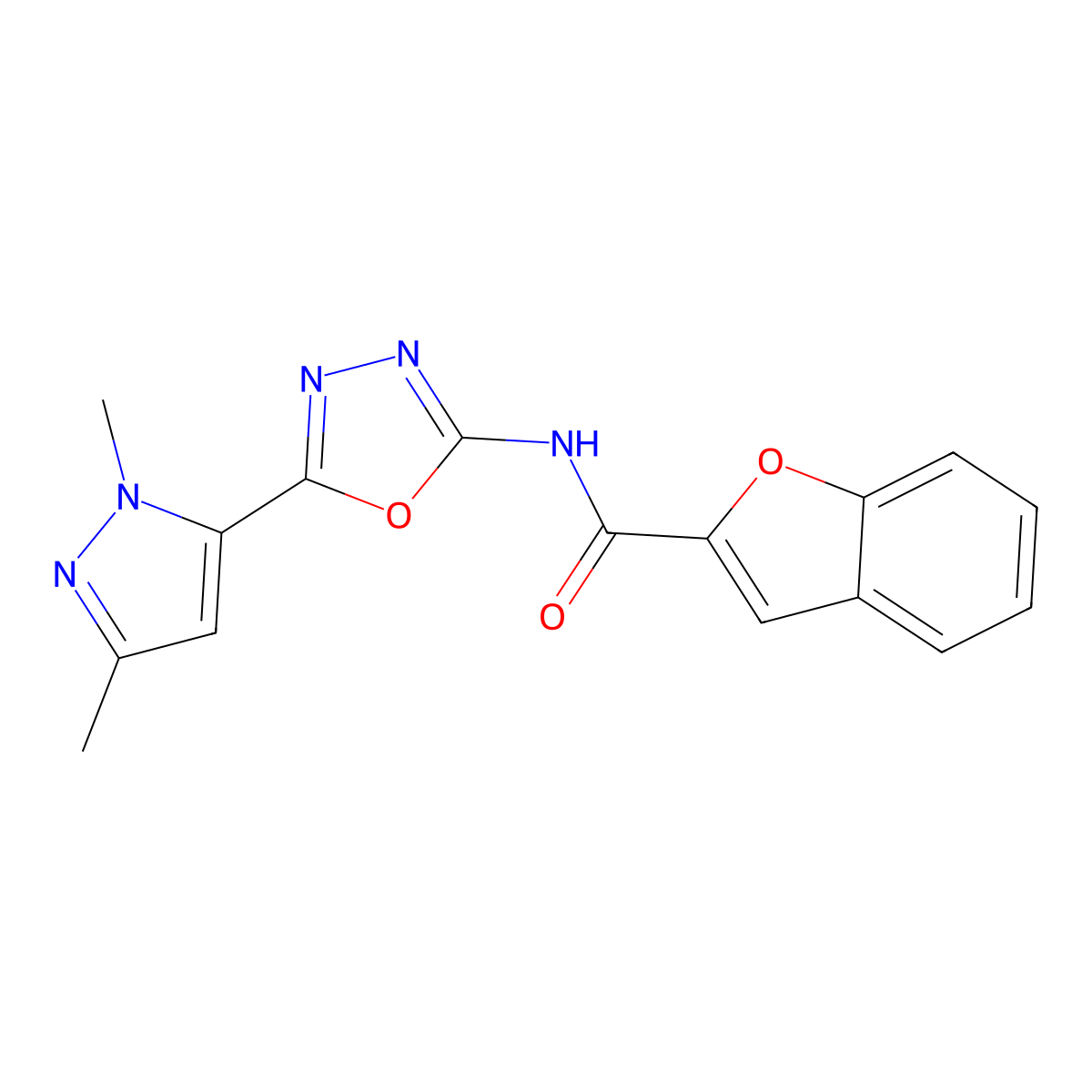 N-[5-(1,3-dimethyl-1H-pyrazol-5-yl)-1,3,4-oxadiazol-2-yl]-1-benzofuran-2-carboxamide molecular structure, CAS 1171949-79-3