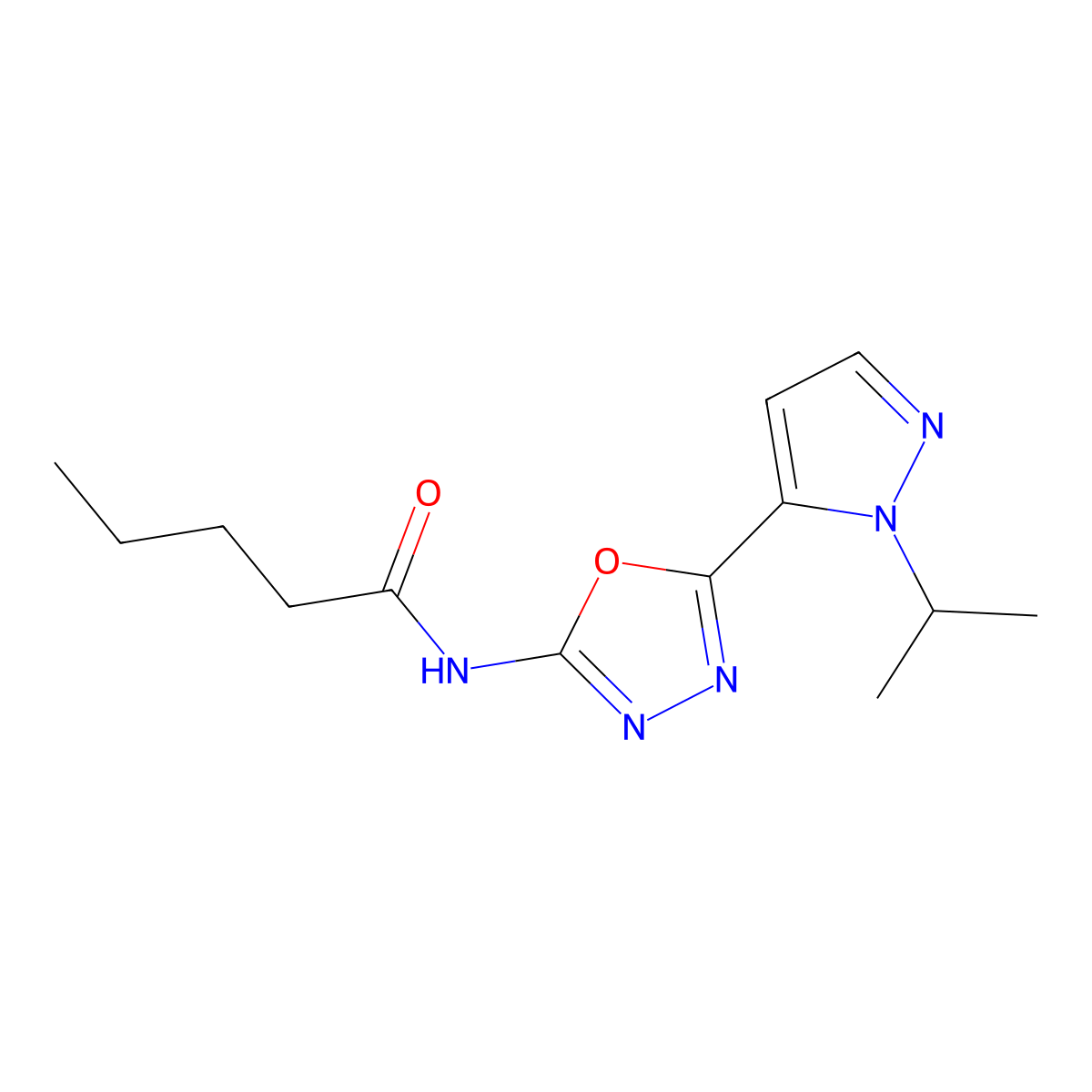 N-(5-(1-isopropyl-1H-pyrazol-5-yl)-1,3,4-oxadiazol-2-yl)pentanamide molecular structure, CAS 1171950-45-0