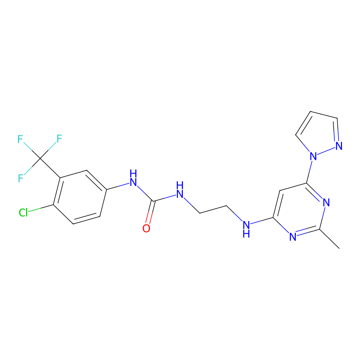 1-(4-chloro-3-(trifluoromethyl)phenyl)-3-(2-((2-methyl-6-(1H-pyrazol-1-yl)pyrimidin-4-yl)amino)ethyl)urea molecular structure, CAS 1171951-17-9