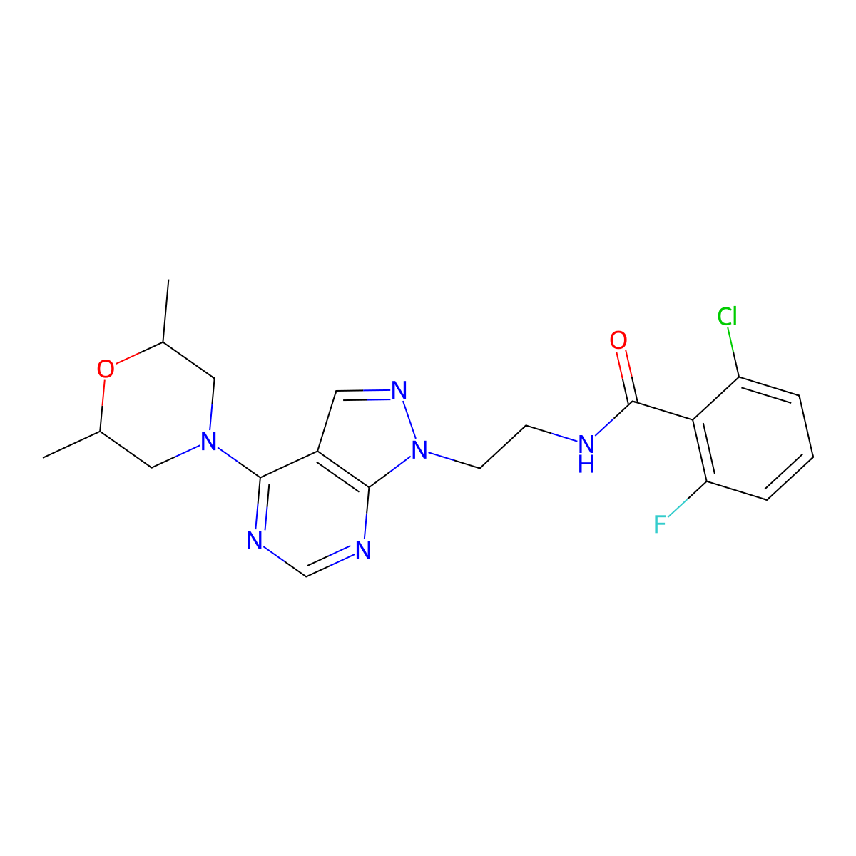 2-chloro-N-(2-(4-(2,6-dimethylmorpholino)-1H-pyrazolo[3,4-d]pyrimidin-1-yl)ethyl)-6-fluorobenzamide molecular structure, CAS 1171952-13-8