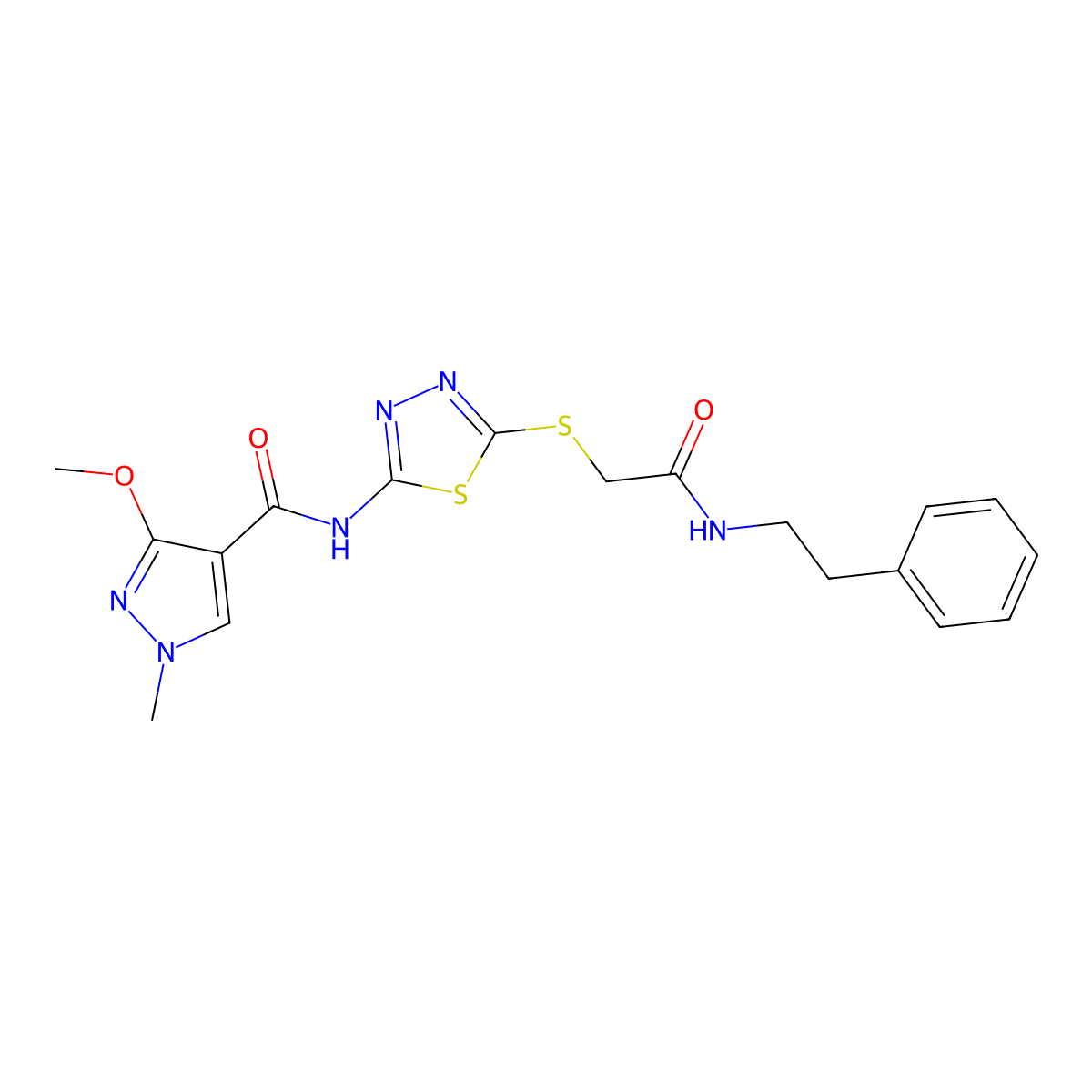 3-methoxy-1-methyl-N-(5-((2-oxo-2-(phenethylamino)ethyl)thio)-1,3,4-thiadiazol-2-yl)-1H-pyrazole-4-carboxamide molecular structure, CAS 1171954-42-9