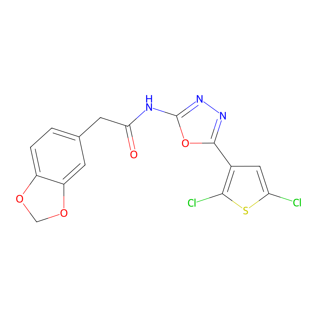 2-(benzo[d][1,3]dioxol-5-yl)-N-(5-(2,5-dichlorothiophen-3-yl)-1,3,4-oxadiazol-2-yl)acetamide molecular structure, CAS 1171954-77-0