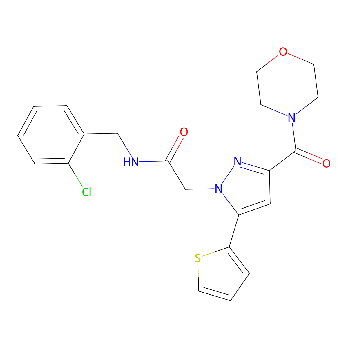 N-(2-chlorobenzyl)-2-(3-(morpholine-4-carbonyl)-5-(thiophen-2-yl)-1H-pyrazol-1-yl)acetamide molecular structure, CAS 1171956-10-7