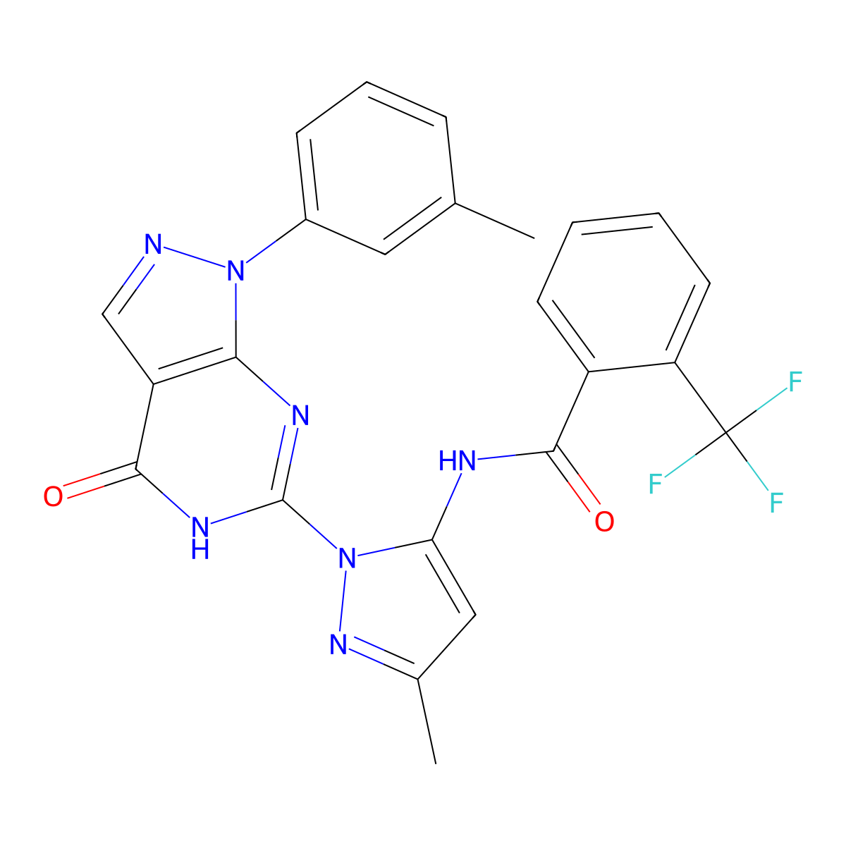 N-(3-methyl-1-(4-oxo-1-(m-tolyl)-4,5-dihydro-1H-pyrazolo[3,4-d]pyrimidin-6-yl)-1H-pyrazol-5-yl)-2-(trifluoromethyl)benzamide molecular structure, CAS 1171956-54-9