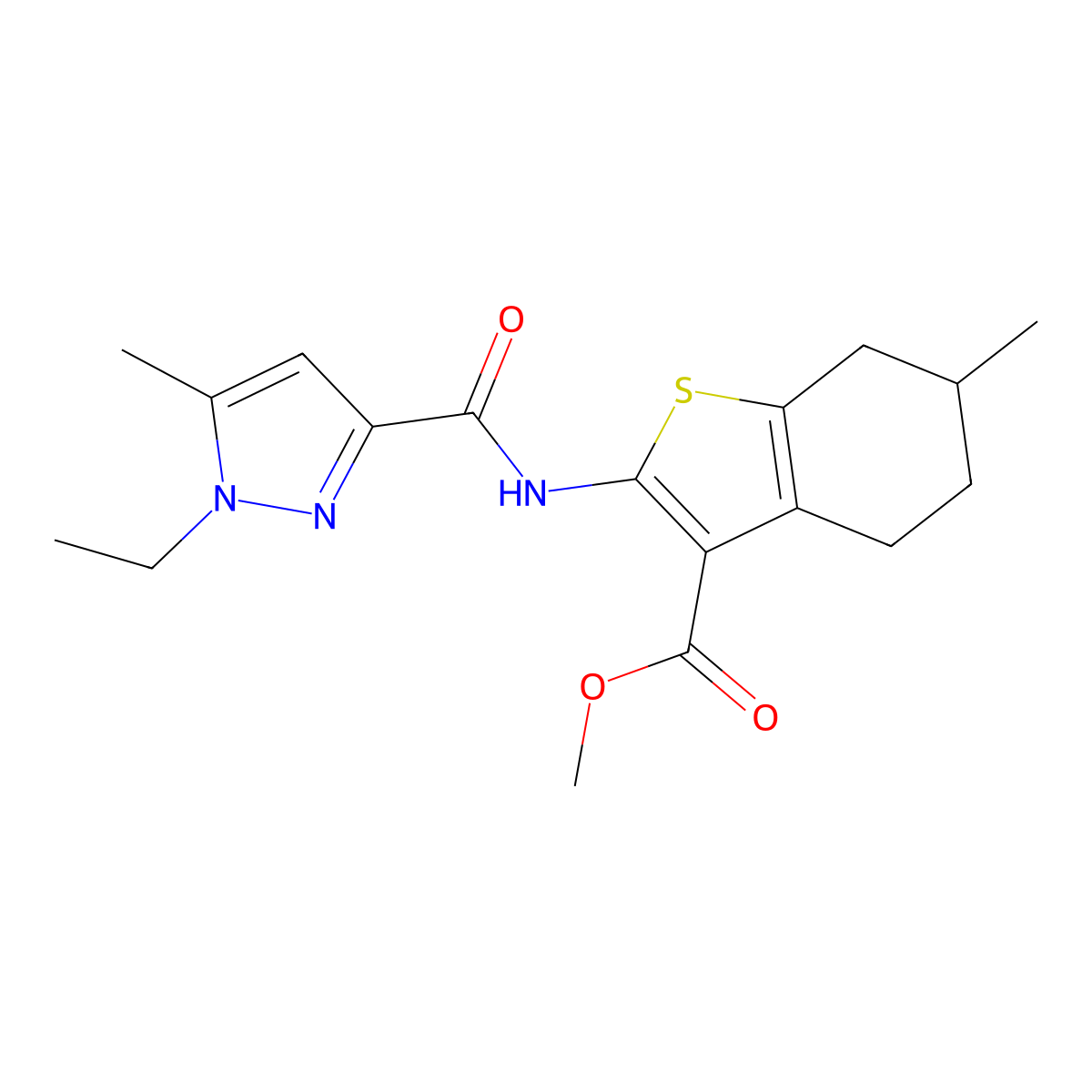 methyl 2-(1-ethyl-5-methyl-1H-pyrazole-3-carboxamido)-6-methyl-4,5,6,7-tetrahydrobenzo[b]thiophene-3-carboxylate molecular structure, CAS 1171958-90-9