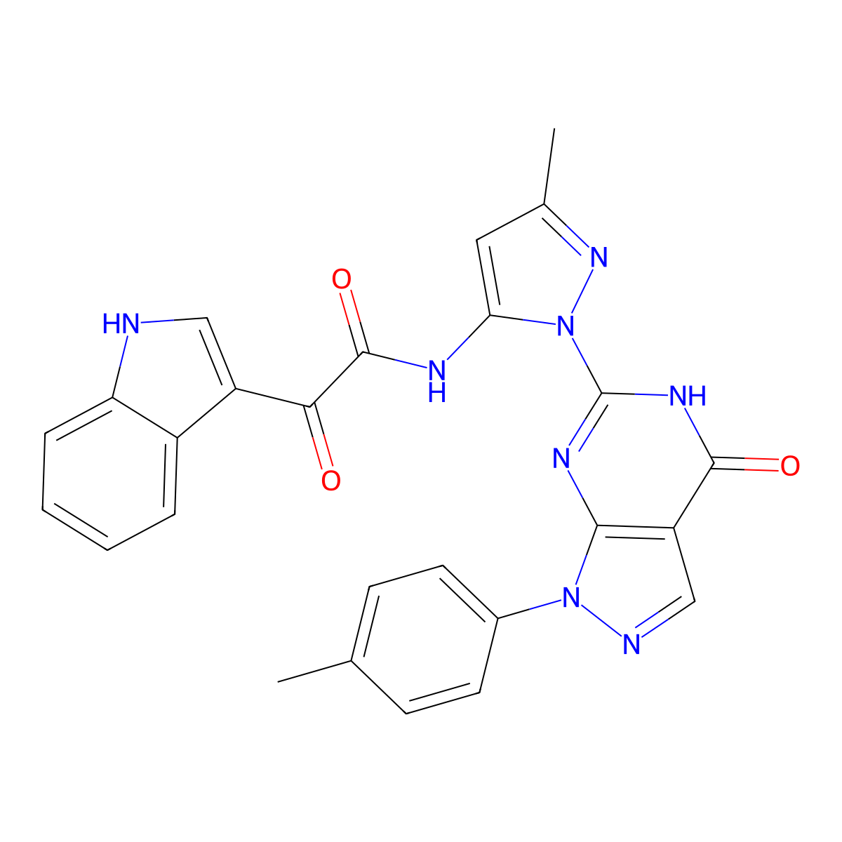 2-(1H-indol-3-yl)-N-(3-methyl-1-(4-oxo-1-(p-tolyl)-4,5-dihydro-1H-pyrazolo[3,4-d]pyrimidin-6-yl)-1H-pyrazol-5-yl)-2-oxoacetamide molecular structure, CAS 1171959-32-2