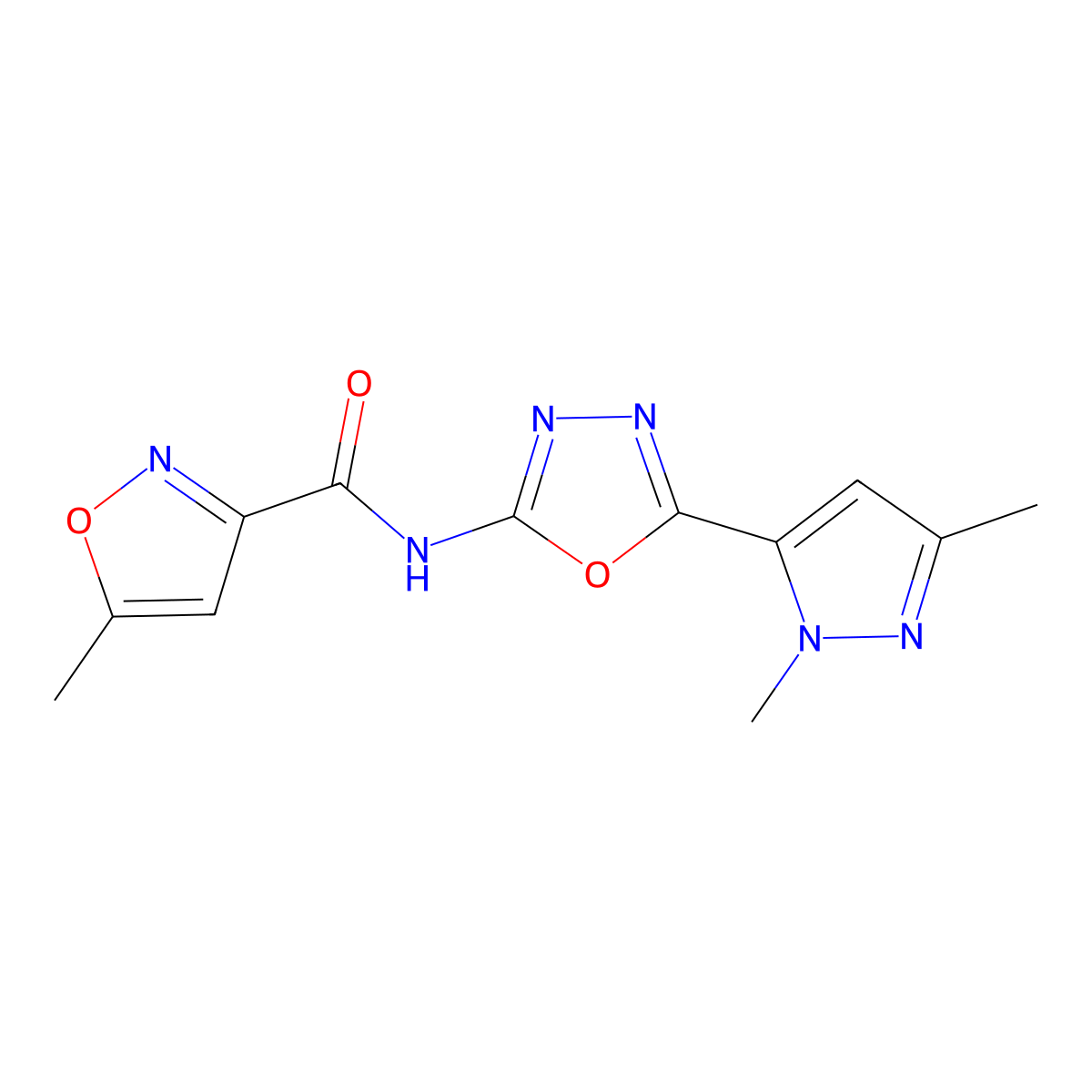 N-(5-(1,3-dimethyl-1H-pyrazol-5-yl)-1,3,4-oxadiazol-2-yl)-5-methylisoxazole-3-carboxamide molecular structure, CAS 1171962-23-4
