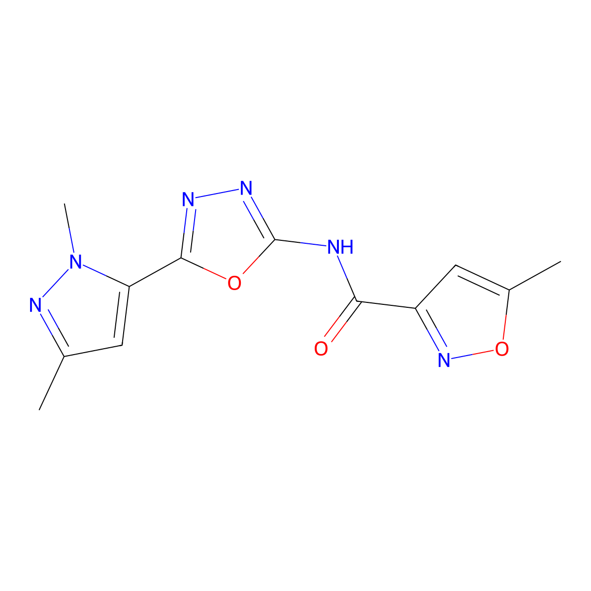 N-(5-(1,3-dimethyl-1H-pyrazol-5-yl)-1,3,4-oxadiazol-2-yl)-5-methylisoxazole-3-carboxamide molecular structure, CAS 1171962-23-4